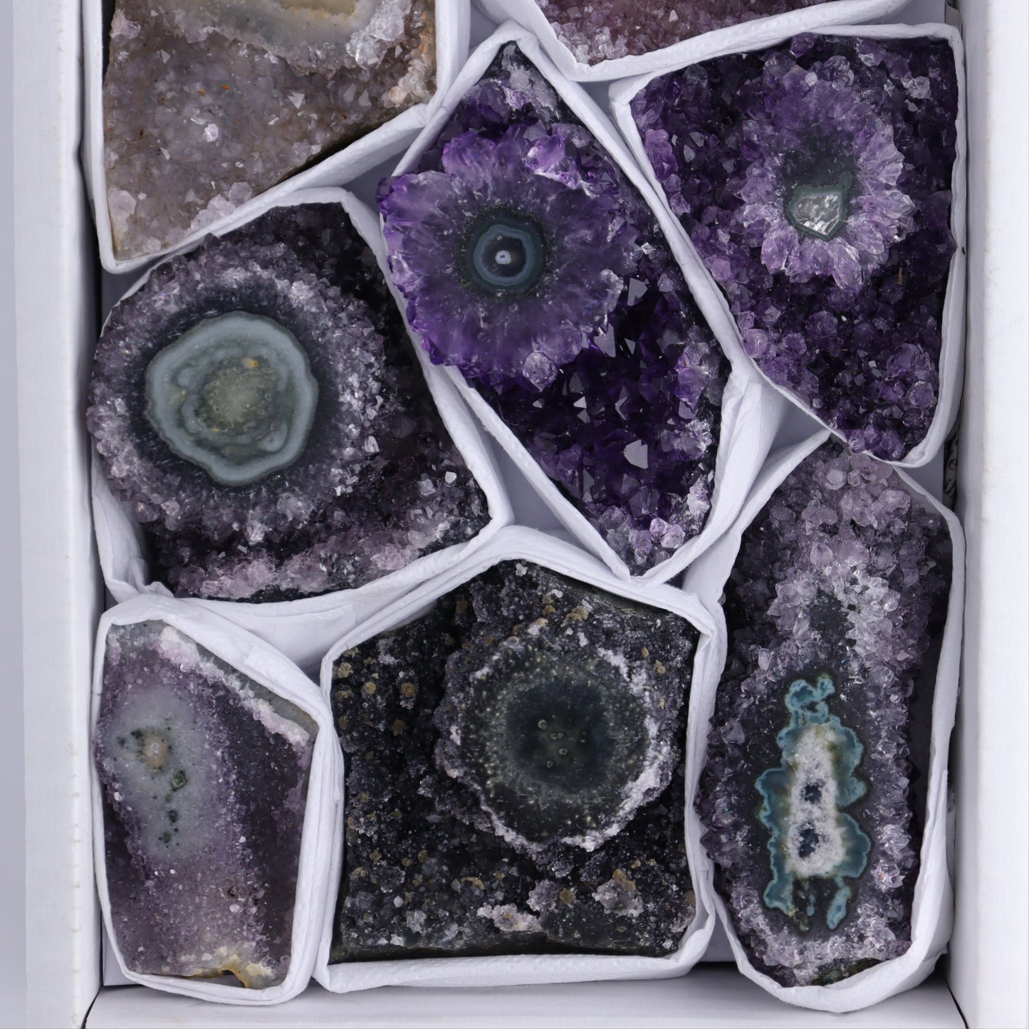 Uruguay Amethyst Clusters with "Eyes" Flat of 10 - Expert Wholesale and Supplier of Wholesale Crystals & Bulk Gemstones, ["Amethyst","Clusters","Eyes Amethyst","Uruguay"]