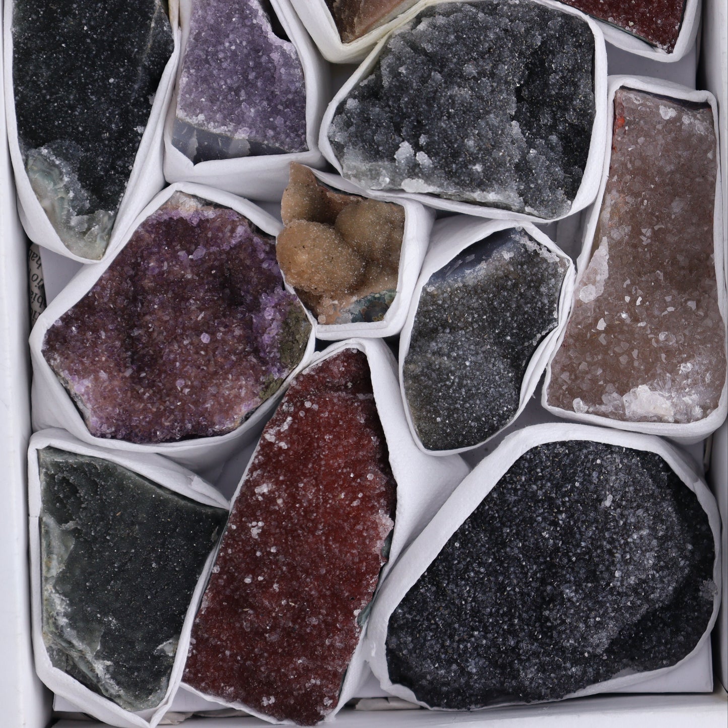 Uruguay Rainbow Amethyst Clusters Flat of 15 - Expert Wholesale and Supplier of Wholesale Crystals & Bulk Gemstones, ["Amethyst","Clusters","Rainbow Amethyst","Sugar Rainbow Amethyst","Uruguay"]