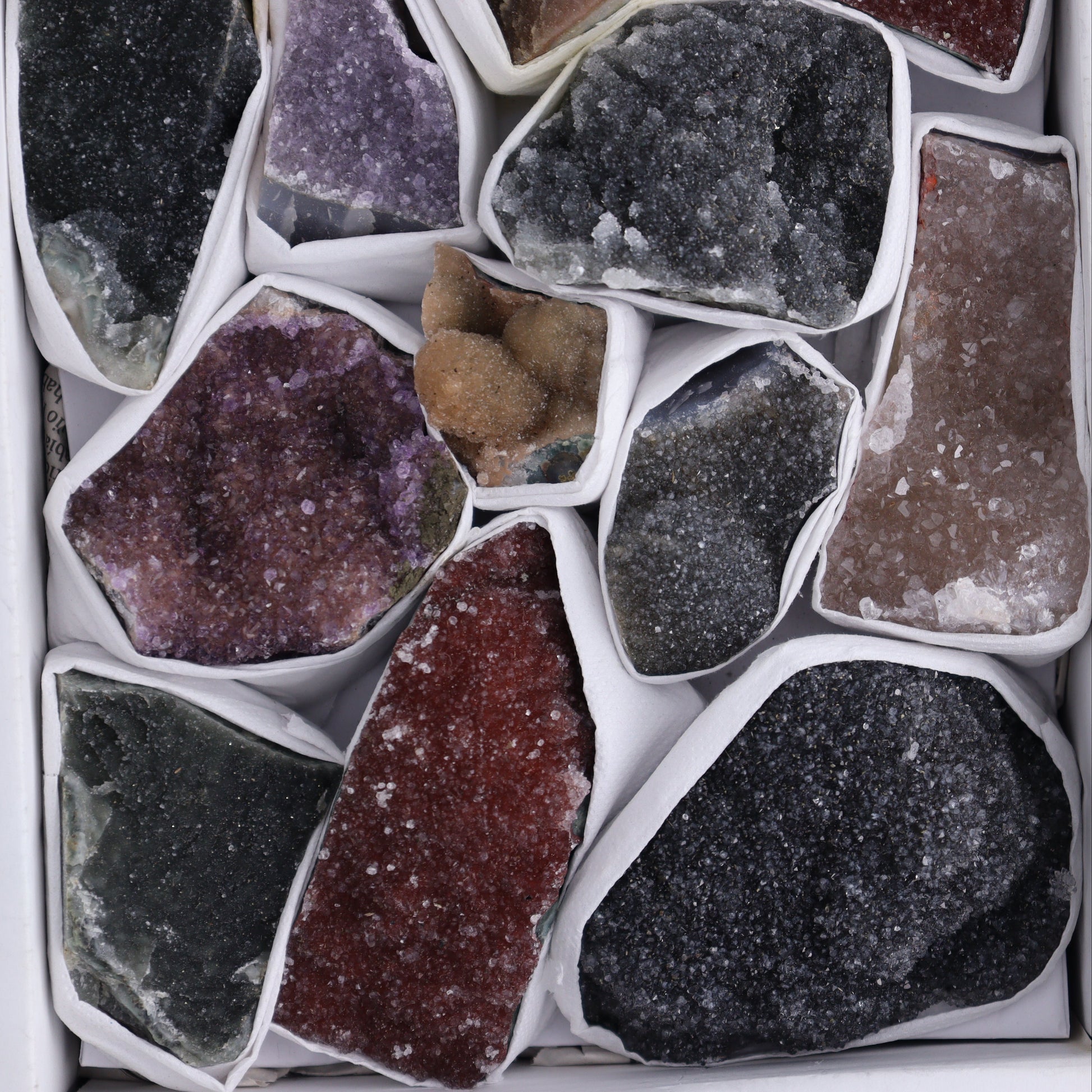 Uruguay Rainbow Amethyst Clusters Flat of 15 - Expert Wholesale and Supplier of Wholesale Crystals & Bulk Gemstones, ["Amethyst","Clusters","Rainbow Amethyst","Sugar Rainbow Amethyst","Uruguay"]