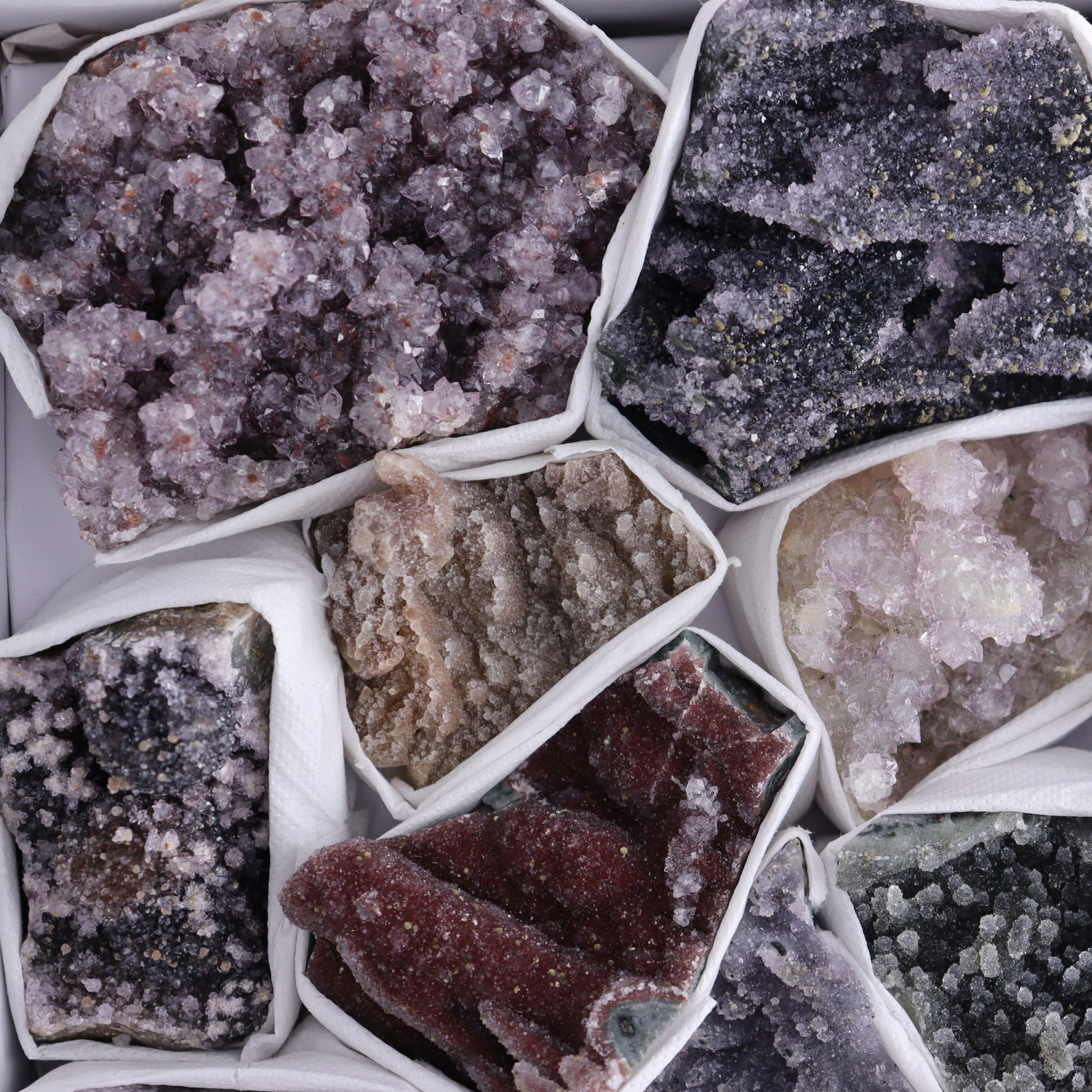 Uruguay Amethyst Clusters with Formations Flat of 9 - Expert Wholesale and Supplier of Wholesale Crystals & Bulk Gemstones, ["Amethyst","Calcite","Clusters","Formations","Uruguay"]