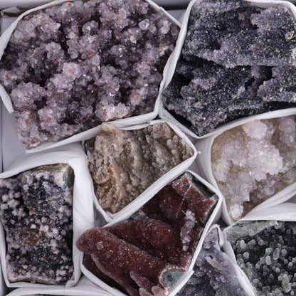 Uruguay Amethyst Clusters with Formations Flat of 9 - Expert Wholesale and Supplier of Wholesale Crystals & Bulk Gemstones, ["Amethyst","Calcite","Clusters","Formations","Uruguay"]
