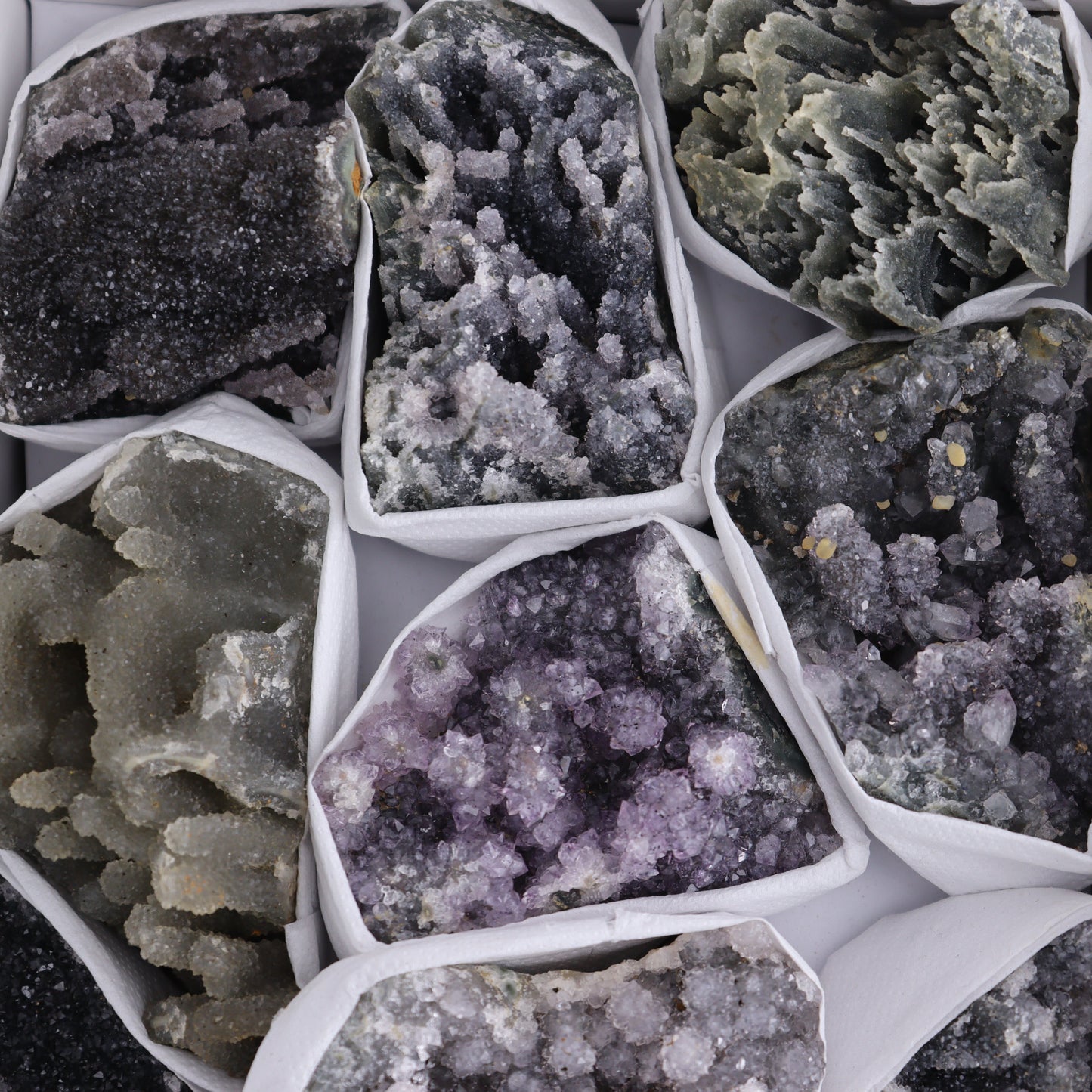 Uruguay Amethyst Clusters with Formations Flat of 12 - Expert Wholesale and Supplier of Wholesale Crystals & Bulk Gemstones, ["Amethyst","Calcite","Clusters","Formations","Uruguay"]