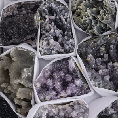 Uruguay Amethyst Clusters with Formations Flat of 12 - Expert Wholesale and Supplier of Wholesale Crystals & Bulk Gemstones, ["Amethyst","Calcite","Clusters","Formations","Uruguay"]