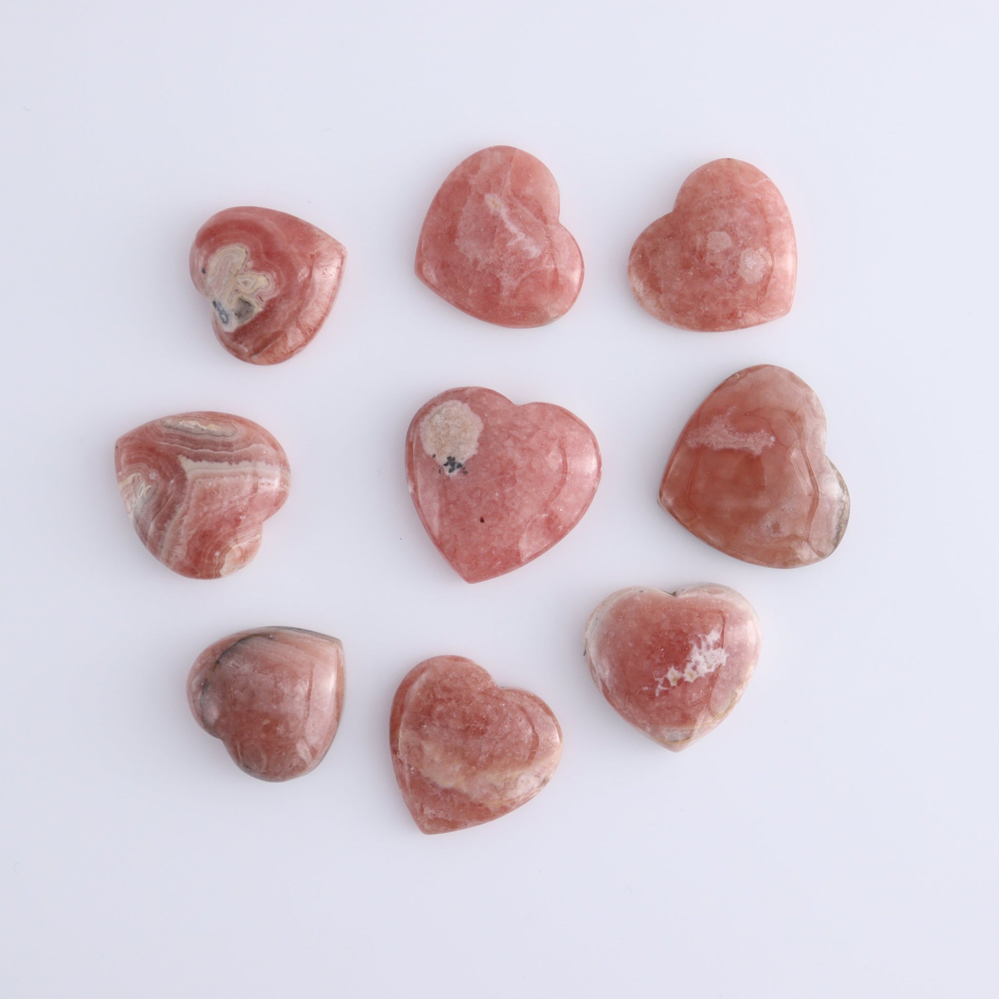 Rhodochrosite Hearts Set of 9 - Expert Wholesale and Supplier of Wholesale Crystals & Bulk Gemstones, ["Argentina","Hearts","Rhodochrosite"]