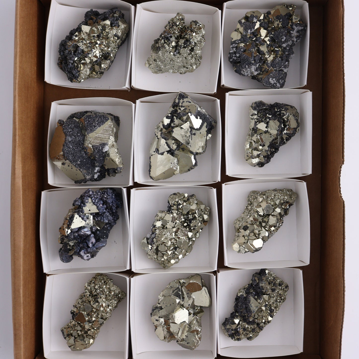 Octahedral Pyrite Clusters Set of 12 - Expert Wholesale and Supplier of Wholesale Crystals & Bulk Gemstones, ["Clusters","Octahedral Pyrite","Peru","Pyrite"]