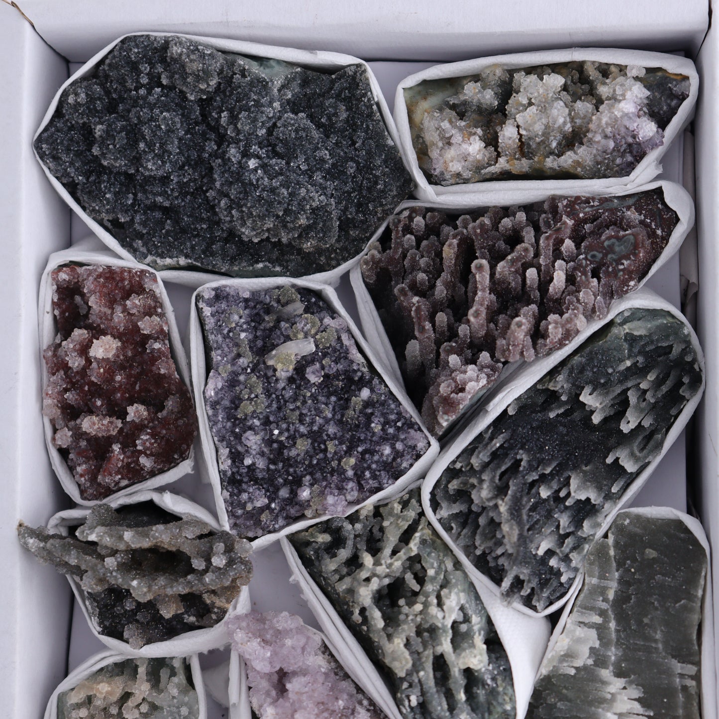 Uruguay Amethyst Clusters with Formations Flat of 13 - Expert Wholesale and Supplier of Wholesale Crystals & Bulk Gemstones, ["Amethyst","Calcite","Clusters","Formations","Uruguay"]
