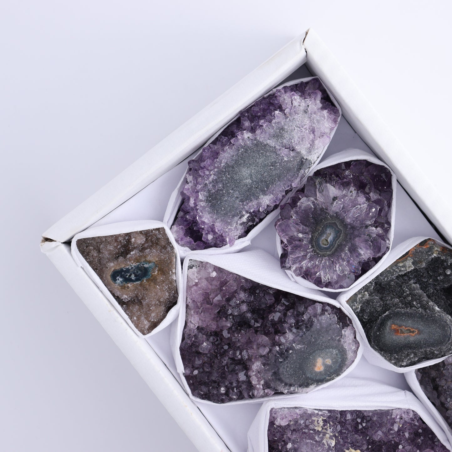 Uruguay Amethyst Clusters with "Eyes" Flat of 8 - Expert Wholesale and Supplier of Wholesale Crystals & Bulk Gemstones, []