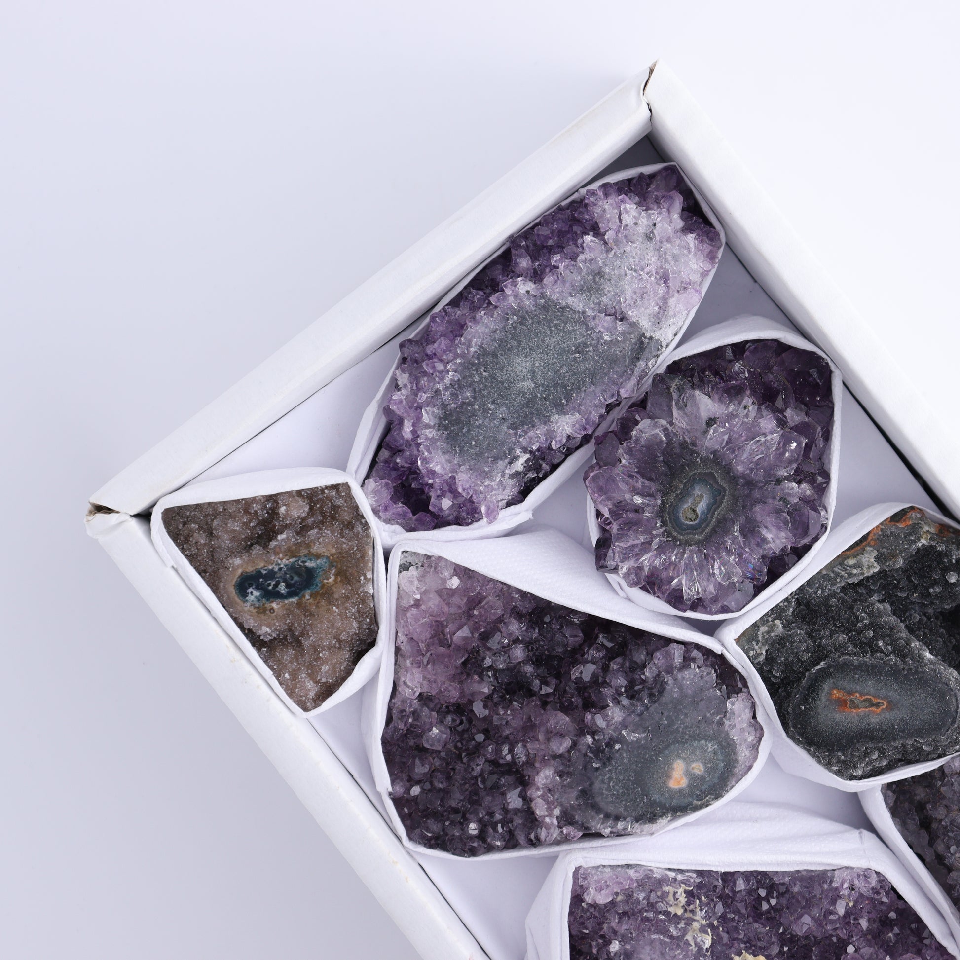 Uruguay Amethyst Clusters with "Eyes" Flat of 8 - Expert Wholesale and Supplier of Wholesale Crystals & Bulk Gemstones, []