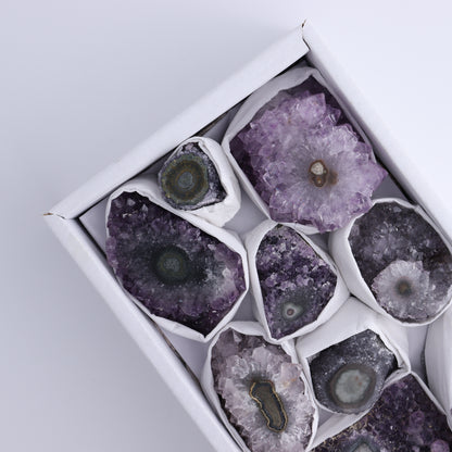 Uruguay Amethyst Clusters with "Eyes" Flat of 9 - Expert Wholesale and Supplier of Wholesale Crystals & Bulk Gemstones, ["Amethyst","Clusters","Eyes Amethyst","Uruguay"]