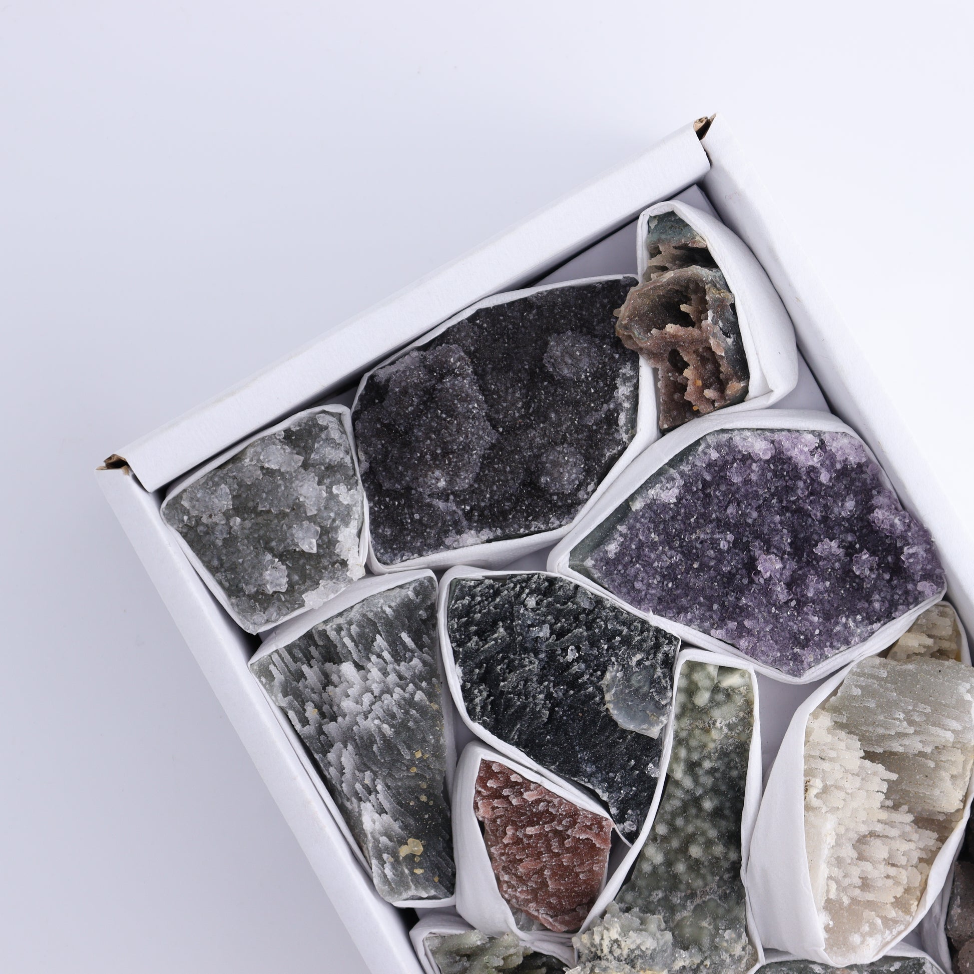 Uruguay Amethyst Clusters with Formations Flat of 13 - Expert Wholesale and Supplier of Wholesale Crystals & Bulk Gemstones, ["Amethyst","Calcite","Clusters","Formations","Uruguay"]