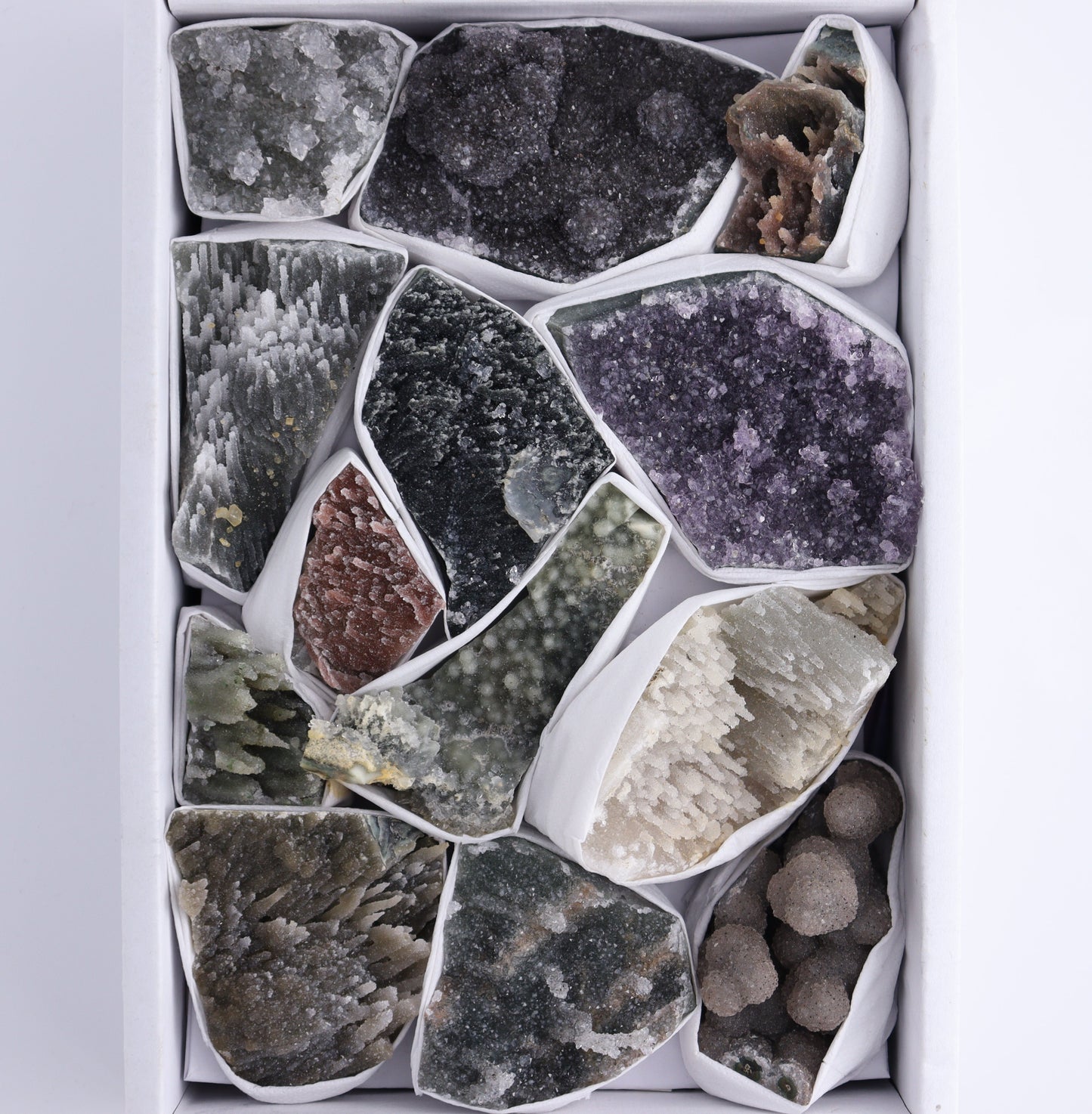 Uruguay Amethyst Clusters with Formations Flat of 13 - Expert Wholesale and Supplier of Wholesale Crystals & Bulk Gemstones, ["Amethyst","Calcite","Clusters","Formations","Uruguay"]