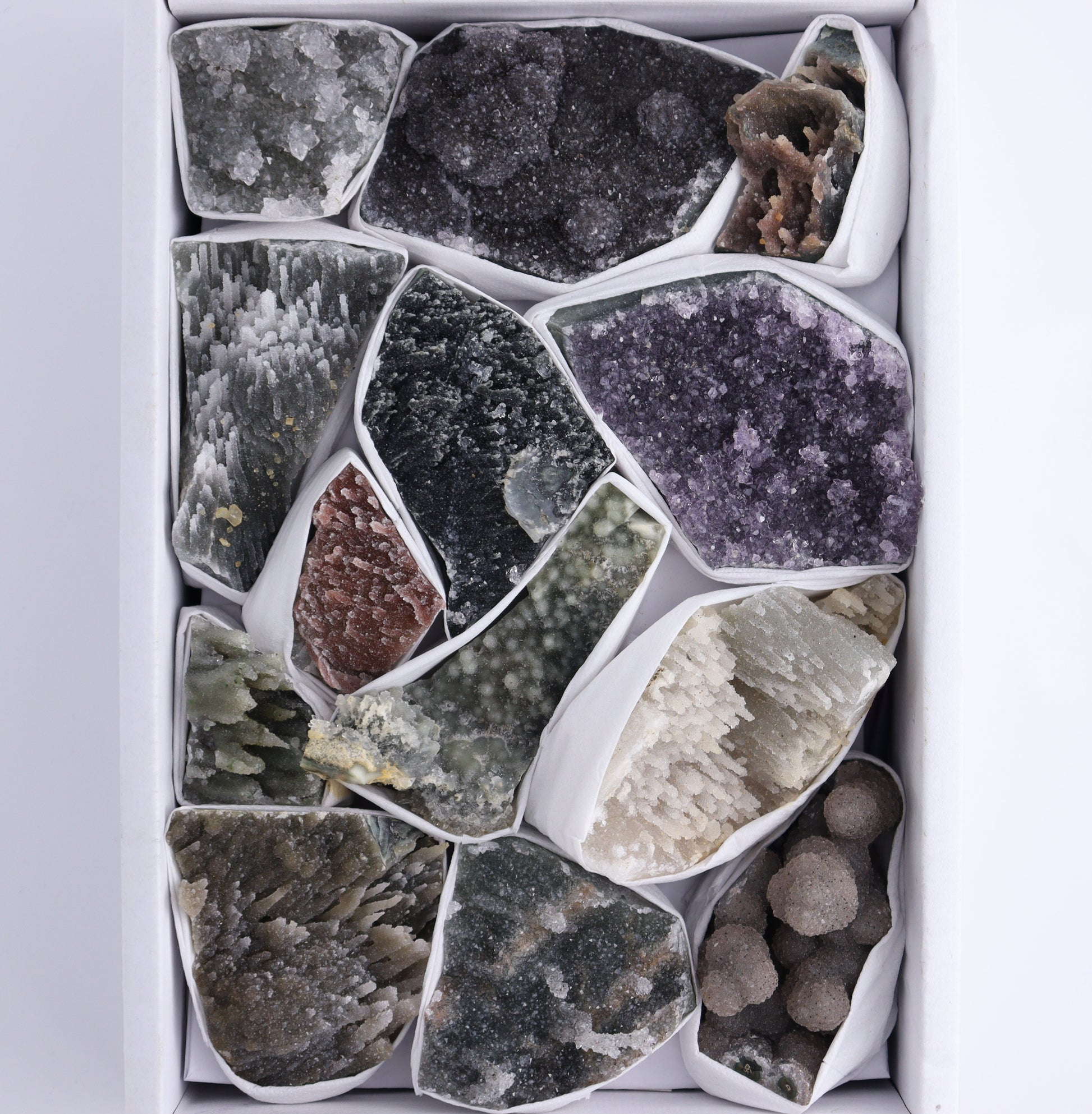 Uruguay Amethyst Clusters with Formations Flat of 13 - Expert Wholesale and Supplier of Wholesale Crystals & Bulk Gemstones, ["Amethyst","Calcite","Clusters","Formations","Uruguay"]