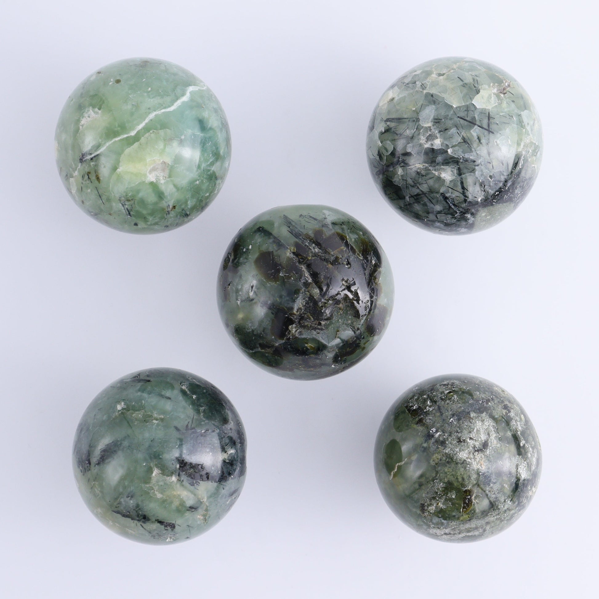 Prehnite Spheres Set of 5 - Expert Wholesale and Supplier of Wholesale Crystals & Bulk Gemstones, ["Prehnite","Spheres"]