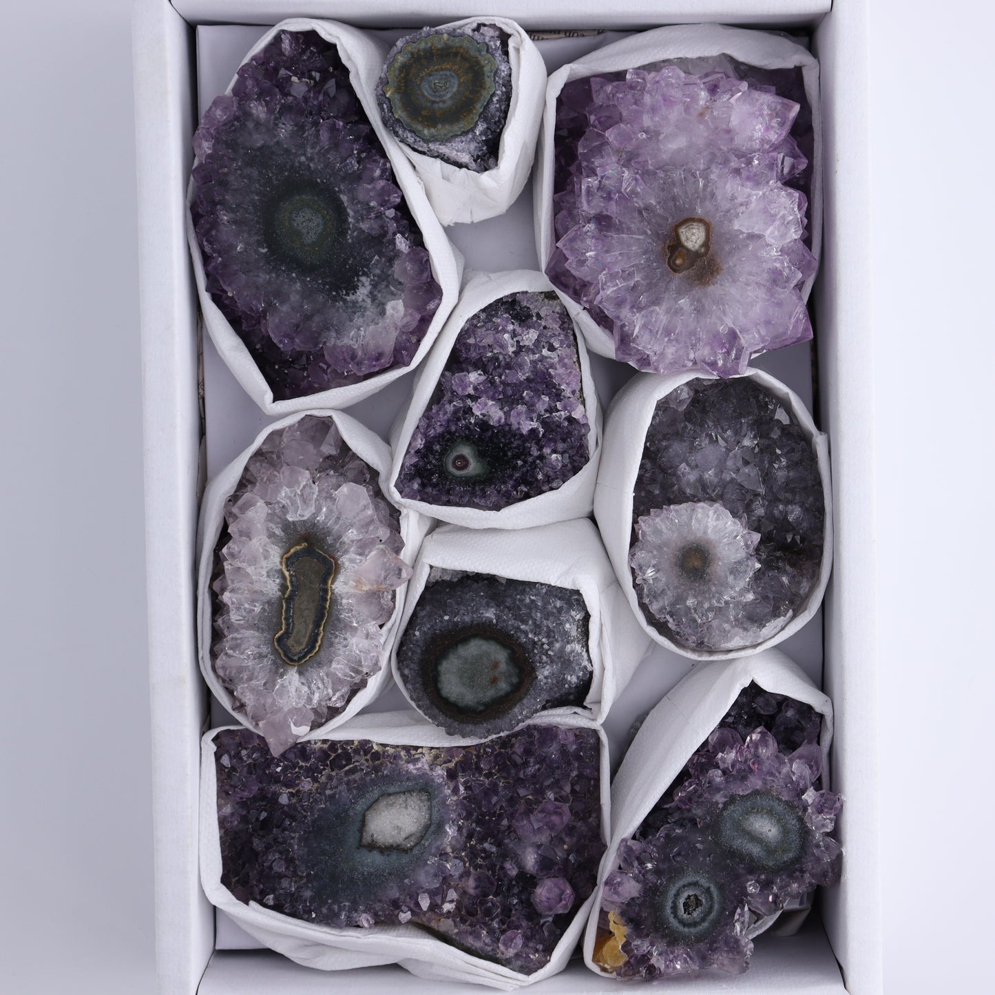 Uruguay Amethyst Clusters with "Eyes" Flat of 9 - Expert Wholesale and Supplier of Wholesale Crystals & Bulk Gemstones, ["Amethyst","Clusters","Eyes Amethyst","Uruguay"]