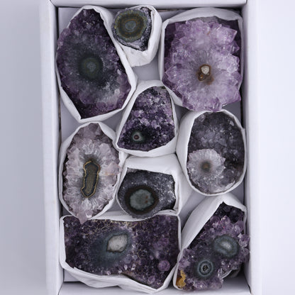 Uruguay Amethyst Clusters with "Eyes" Flat of 9 - Expert Wholesale and Supplier of Wholesale Crystals & Bulk Gemstones, ["Amethyst","Clusters","Eyes Amethyst","Uruguay"]