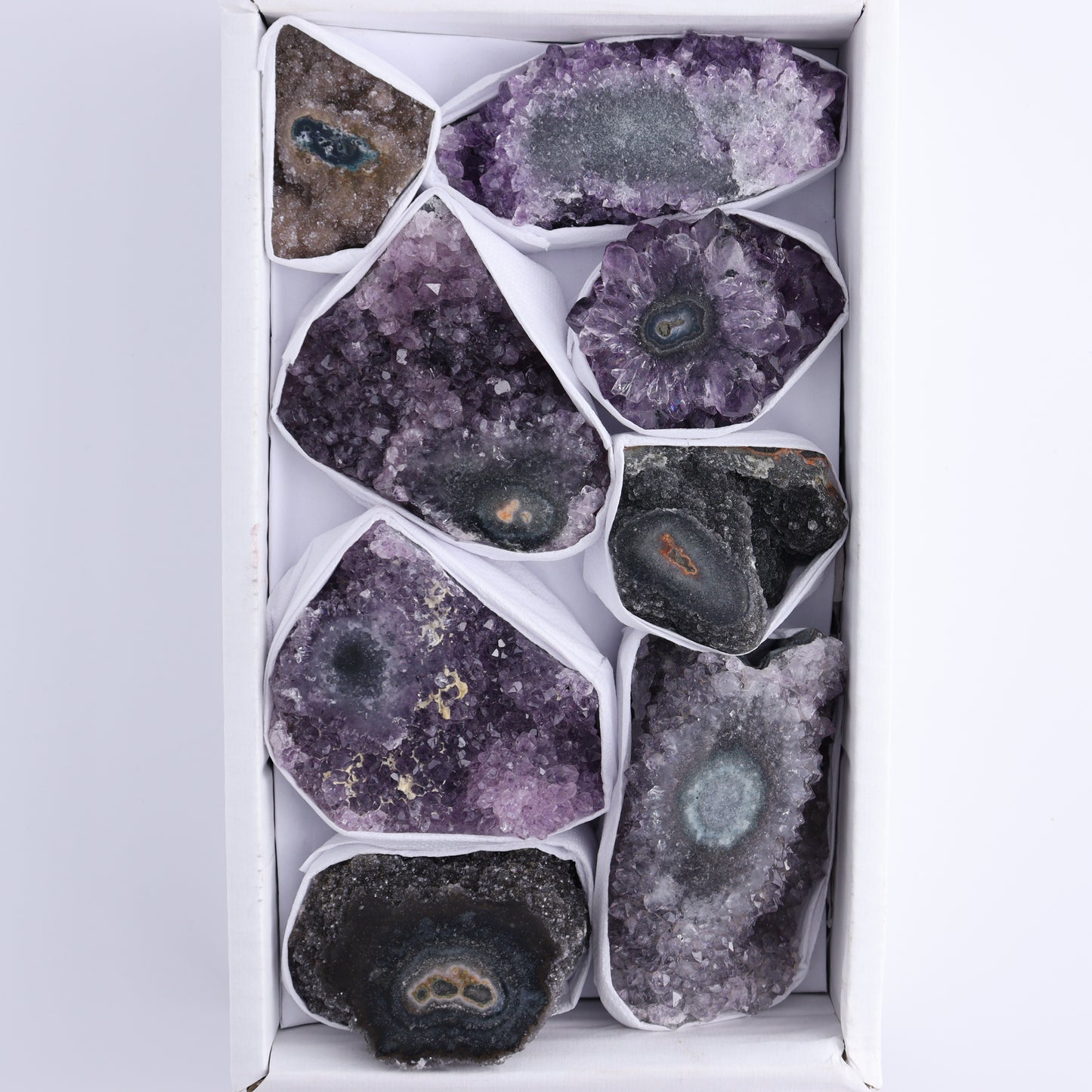 Uruguay Amethyst Clusters with "Eyes" Flat of 8 - Expert Wholesale and Supplier of Wholesale Crystals & Bulk Gemstones, []