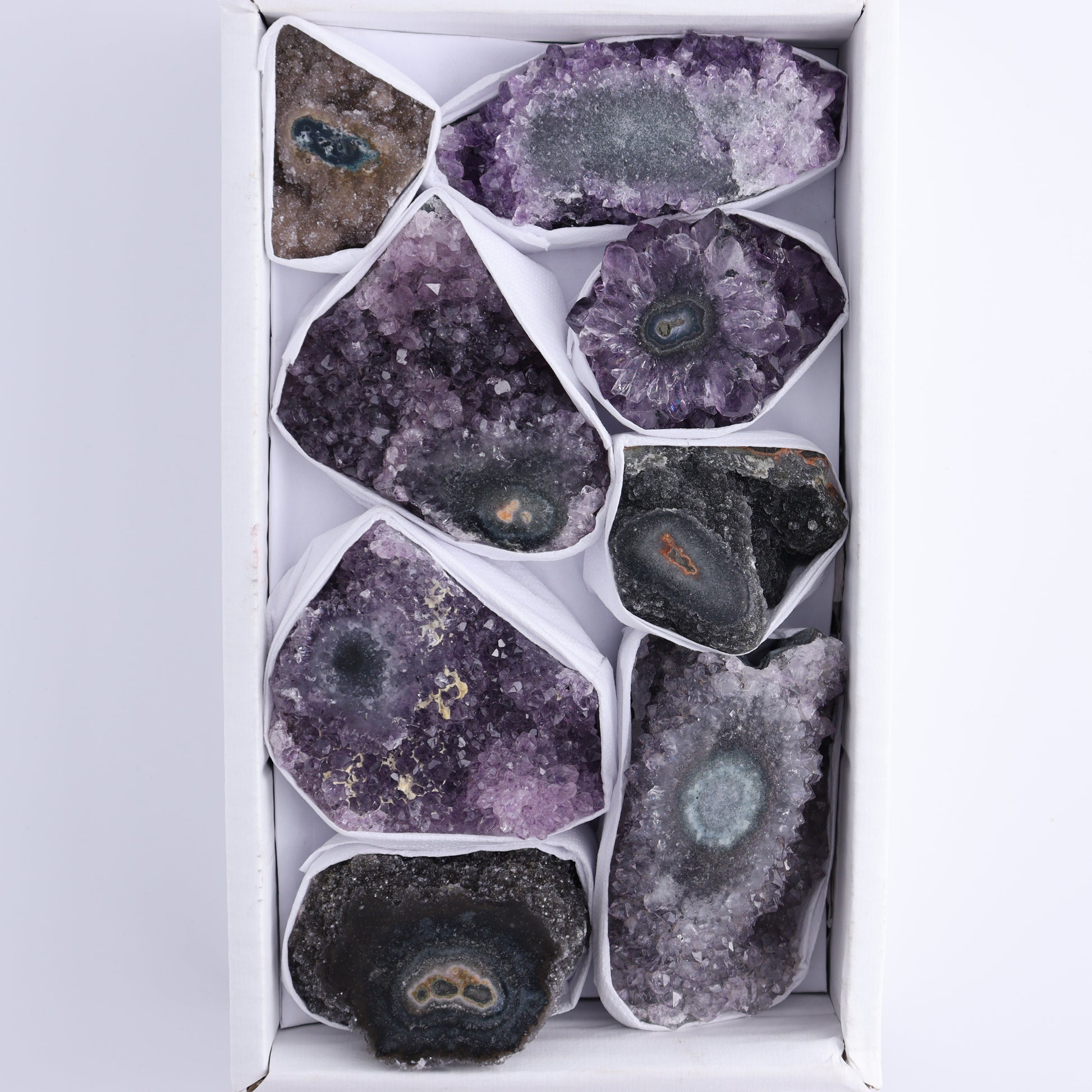 Uruguay Amethyst Clusters with "Eyes" Flat of 8 - Expert Wholesale and Supplier of Wholesale Crystals & Bulk Gemstones, []