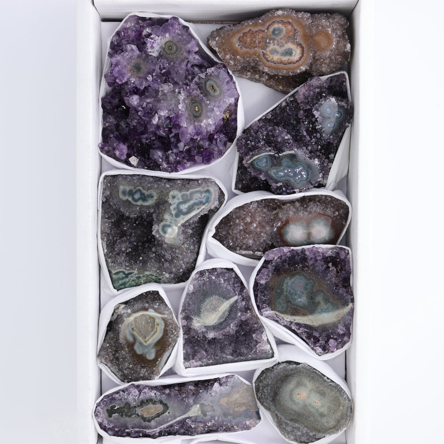 Uruguay Amethyst Clusters with "Eyes" Flat of 10 - Expert Wholesale and Supplier of Wholesale Crystals & Bulk Gemstones, ["Amethyst","Amethyst Eyes","Clusters","Uruguay"]