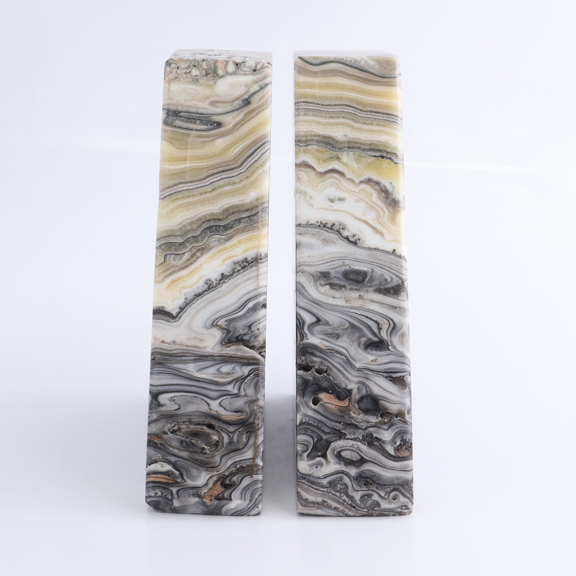 One Pair of Mexican Onyx/Calcite Black & Yellow Zebra Polished Bookend - Expert Wholesale and Supplier of Wholesale Crystals & Bulk Gemstones, ["Bookends","Calcite","Catalog Onyx","Mexico","onyx"]
