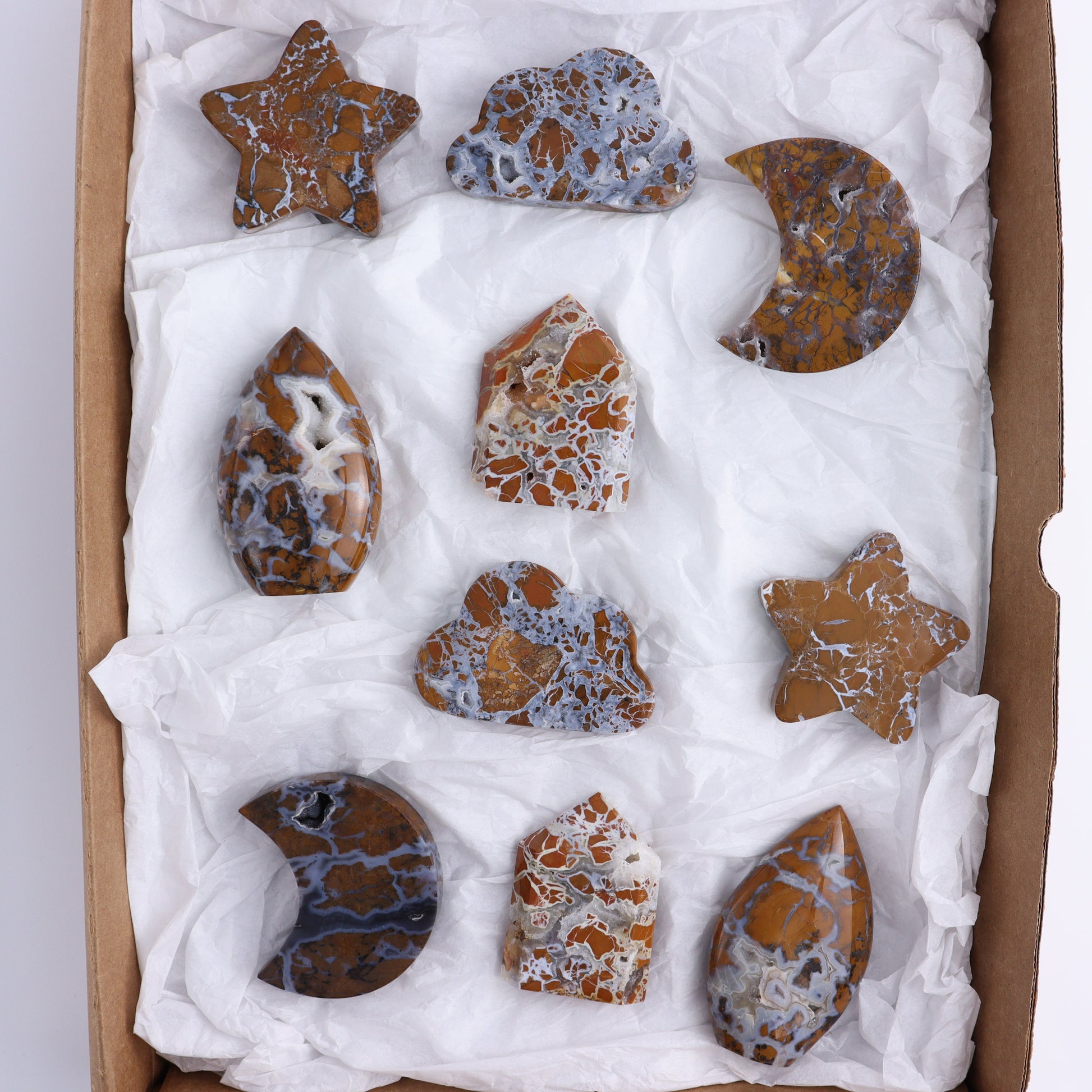 Brecciated Jasper Moons, Stars, Towers, Clouds, and Flames Set of 10 - Expert Wholesale and Supplier of Wholesale Crystals & Bulk Gemstones, ["Brecciated Jasper","Clouds","flames","Indonesia","moons","stars","Towers"]