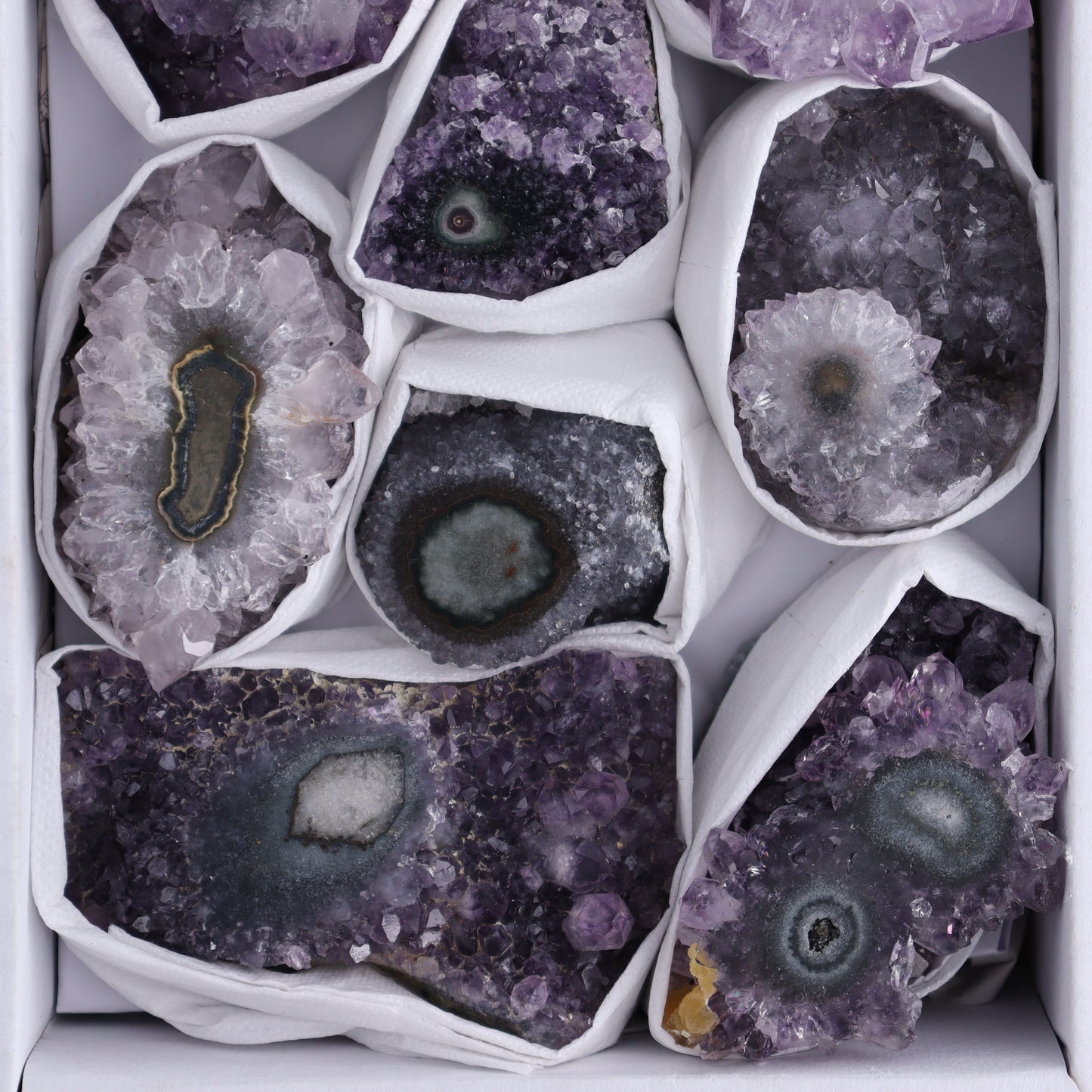 Uruguay Amethyst Clusters with "Eyes" Flat of 9 - Expert Wholesale and Supplier of Wholesale Crystals & Bulk Gemstones, ["Amethyst","Clusters","Eyes Amethyst","Uruguay"]