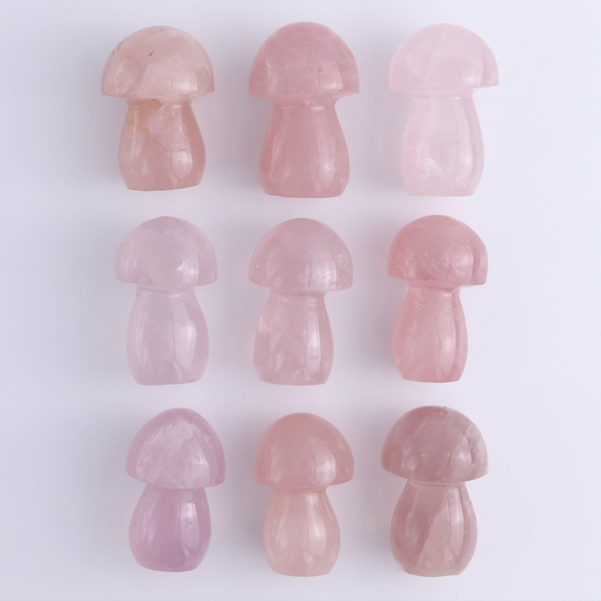 Rose Quartz Mushrooms Set of 9 - Expert Wholesale and Supplier of Wholesale Crystals & Bulk Gemstones, ["Madagascar","Mushrooms","Quartz","Rose Quartz"]