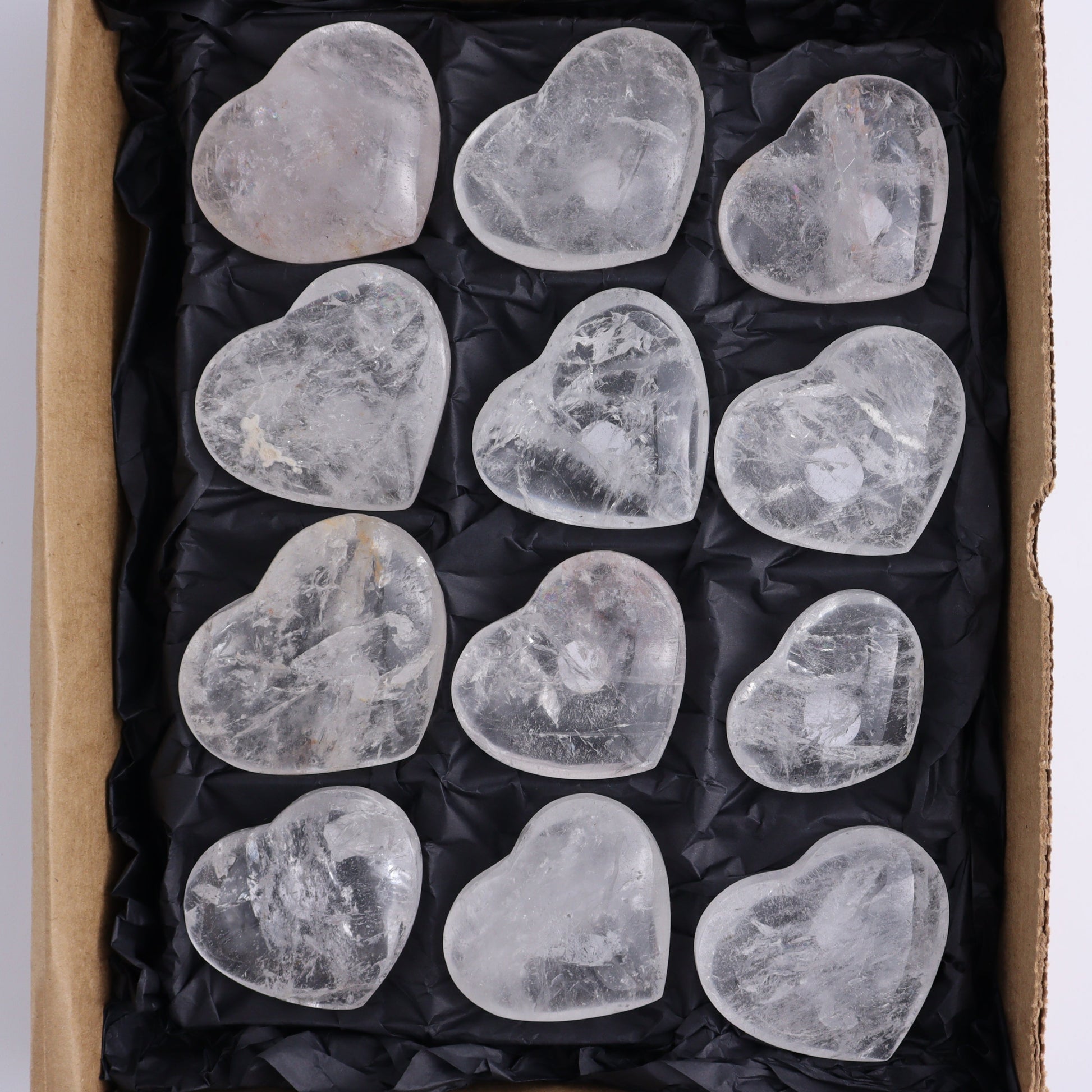 Imperfect Clear Quartz Hearts Set of 12 - Expert Wholesale and Supplier of Wholesale Crystals & Bulk Gemstones, ["Brazil","Clear Quartz","close_50","Hearts","Quartz"]