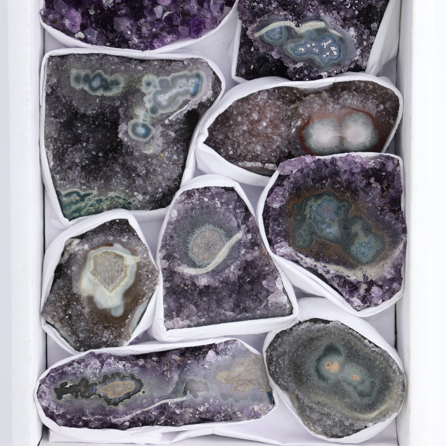 Uruguay Amethyst Clusters with "Eyes" Flat of 10 - Expert Wholesale and Supplier of Wholesale Crystals & Bulk Gemstones, ["Amethyst","Amethyst Eyes","Clusters","Uruguay"]