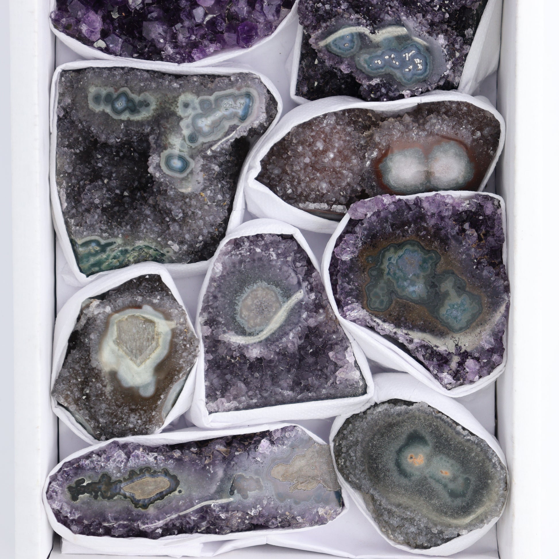 Uruguay Amethyst Clusters with "Eyes" Flat of 10 - Expert Wholesale and Supplier of Wholesale Crystals & Bulk Gemstones, ["Amethyst","Amethyst Eyes","Clusters","Uruguay"]
