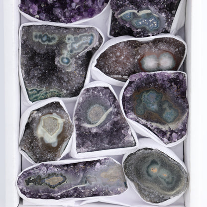 Uruguay Amethyst Clusters with "Eyes" Flat of 10 - Expert Wholesale and Supplier of Wholesale Crystals & Bulk Gemstones, ["Amethyst","Amethyst Eyes","Clusters","Uruguay"]