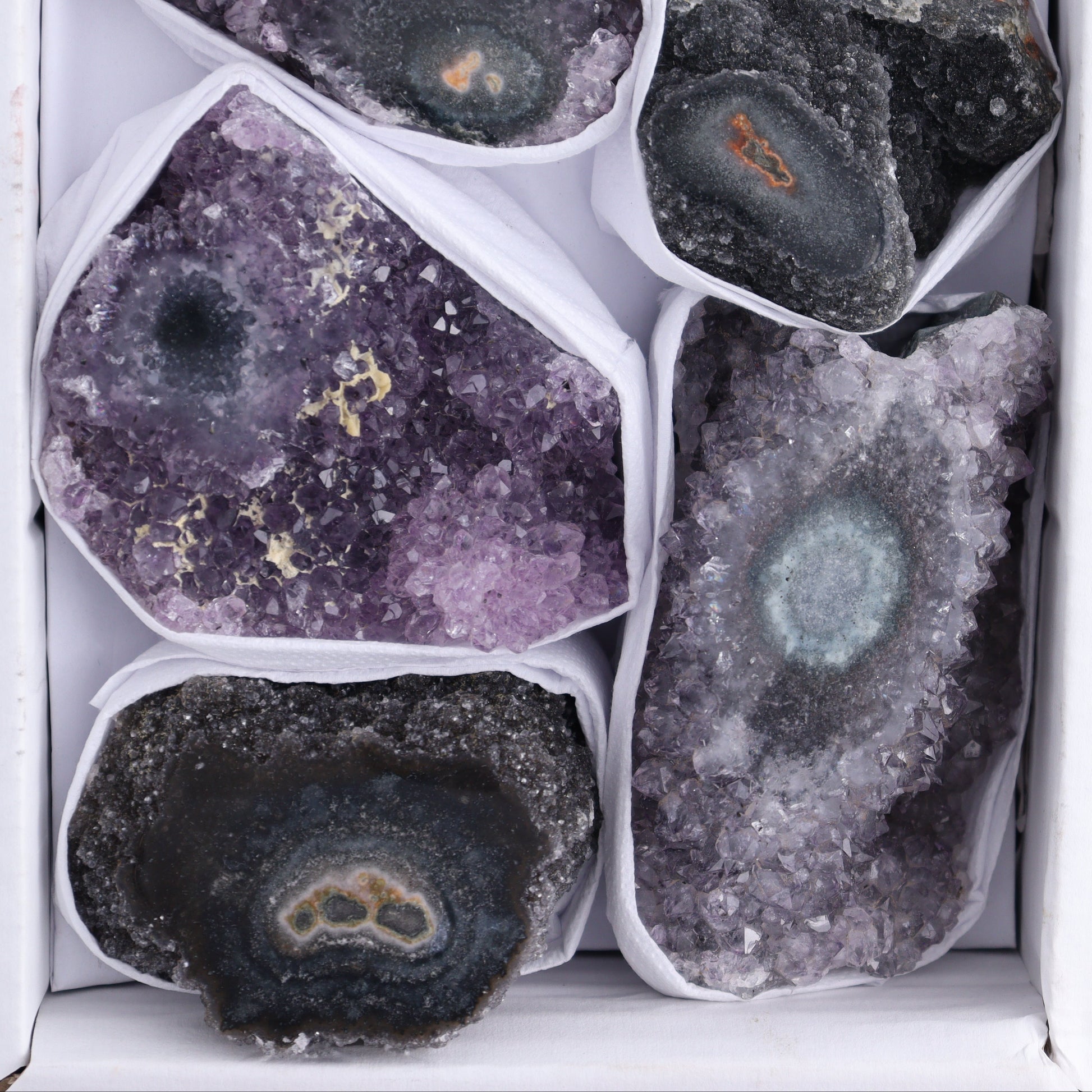 Uruguay Amethyst Clusters with "Eyes" Flat of 8 - Expert Wholesale and Supplier of Wholesale Crystals & Bulk Gemstones, []