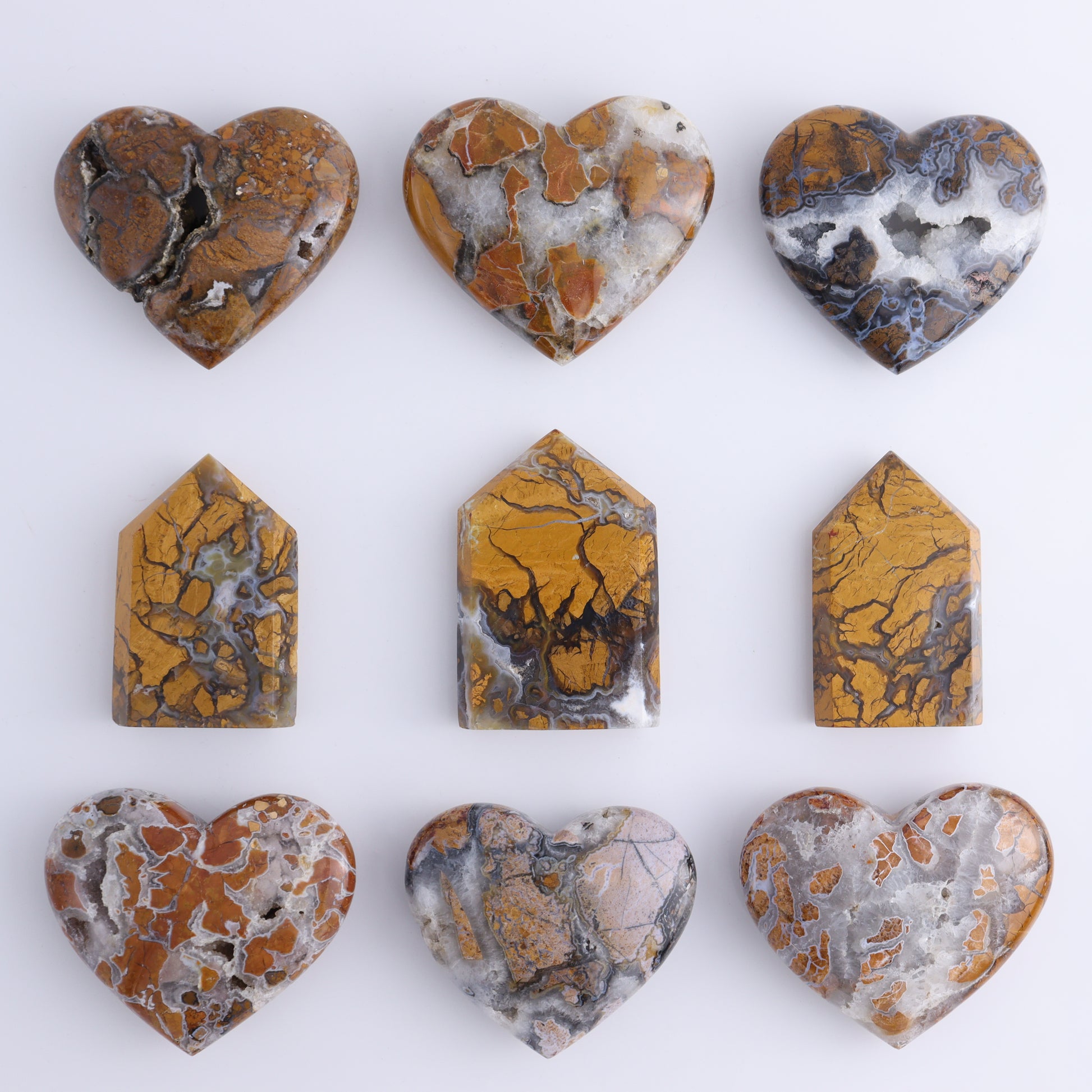 Brecciated Jasper Mixed Carvings Set of 9 - Expert Wholesale and Supplier of Wholesale Crystals & Bulk Gemstones, ["Brecciated Jasper","Hearts","Indonesia","Points"]
