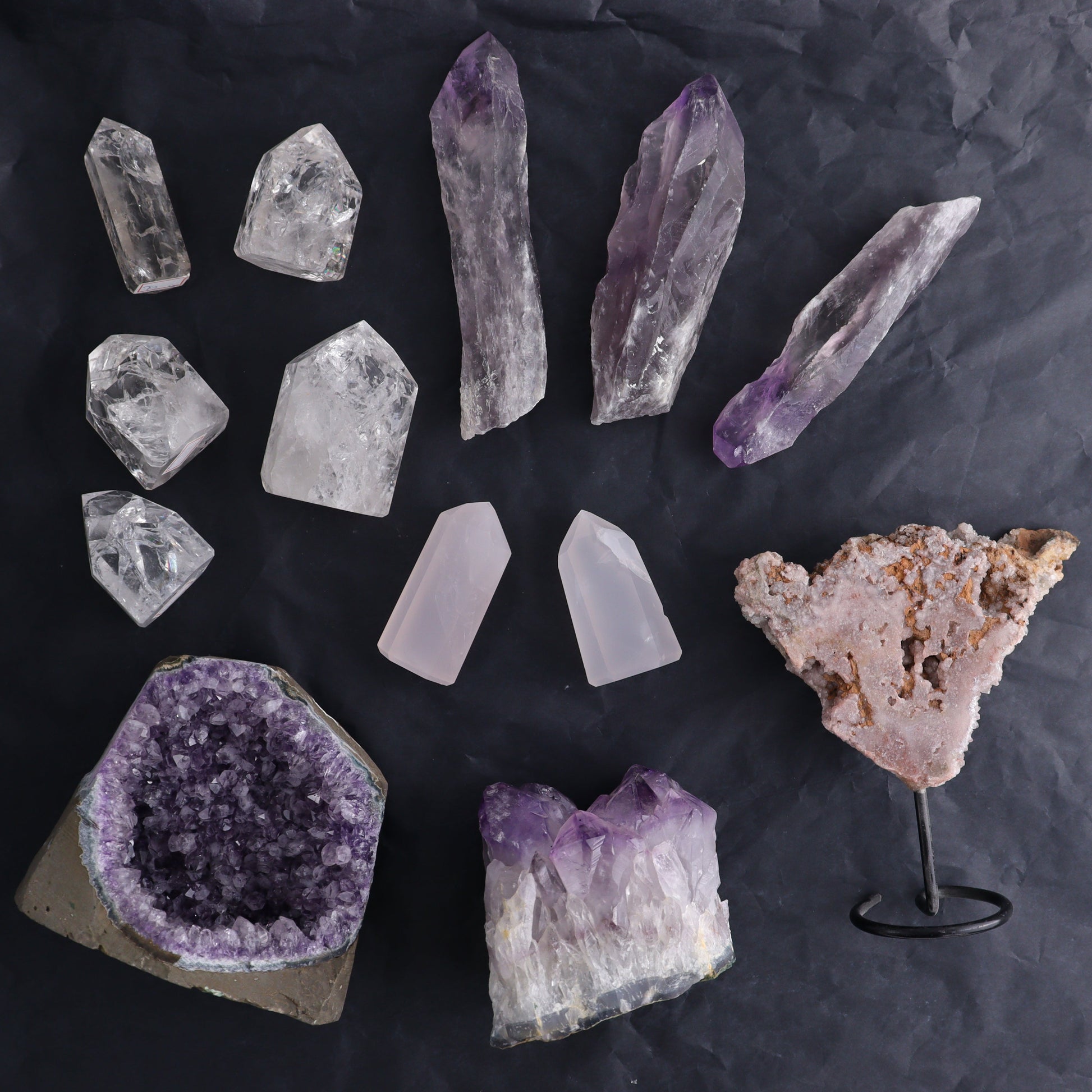 Mixed Brazilian Minerals Flat Set of 13 - Expert Wholesale and Supplier of Wholesale Crystals & Bulk Gemstones, ["Amethyst","Brazil","Clear Quartz","Crackle Quartz","Pink Amethyst","Quartz","Rose Quartz"]