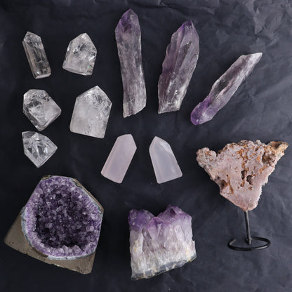 Mixed Brazilian Minerals Flat Set of 13 - Expert Wholesale and Supplier of Wholesale Crystals & Bulk Gemstones, ["Amethyst","Brazil","Clear Quartz","Crackle Quartz","Pink Amethyst","Quartz","Rose Quartz"]