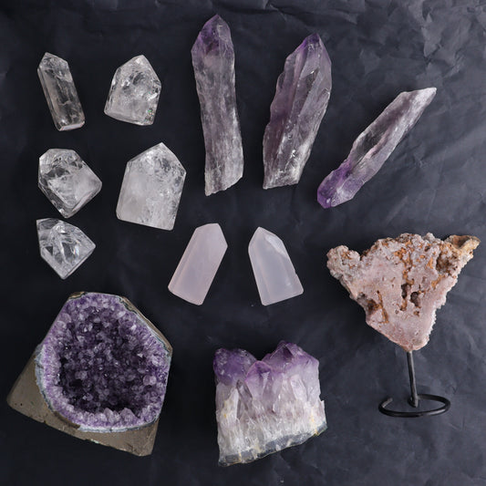 Mixed Brazilian Minerals Flat Set of 13 - Expert Wholesale and Supplier of Wholesale Crystals & Bulk Gemstones, ["Amethyst","Brazil","Clear Quartz","Crackle Quartz","Pink Amethyst","Quartz","Rose Quartz"]
