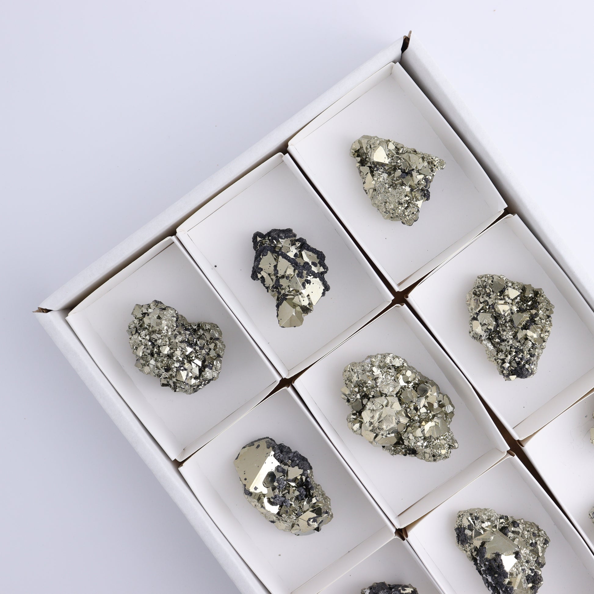 Octahedral Pyrite Clusters Set of 10 - Expert Wholesale and Supplier of Wholesale Crystals & Bulk Gemstones, ["Clusters","Octahedral Pyrite","Peru","Pyrite"]