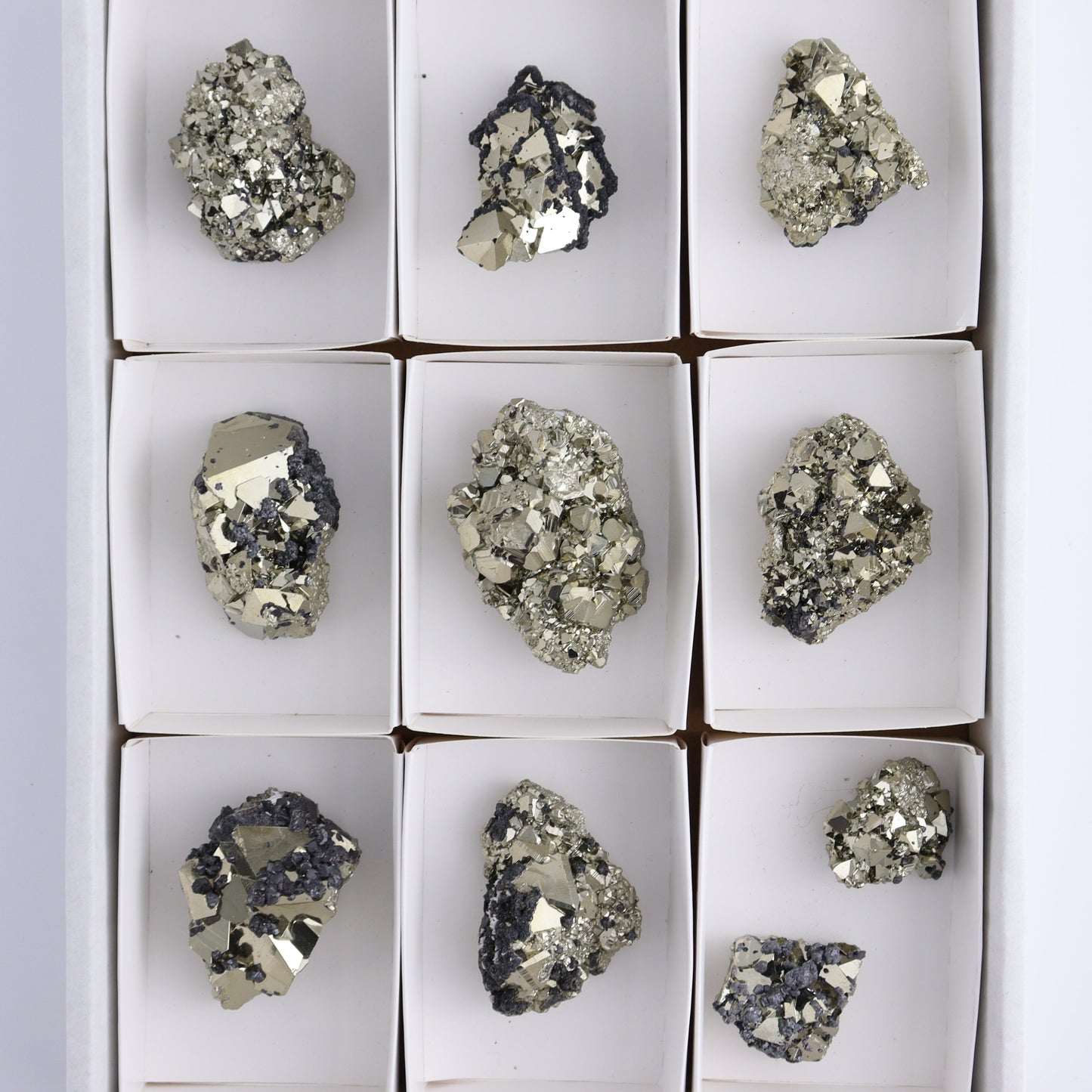 Octahedral Pyrite Clusters Set of 10 - Expert Wholesale and Supplier of Wholesale Crystals & Bulk Gemstones, ["Clusters","Octahedral Pyrite","Peru","Pyrite"]