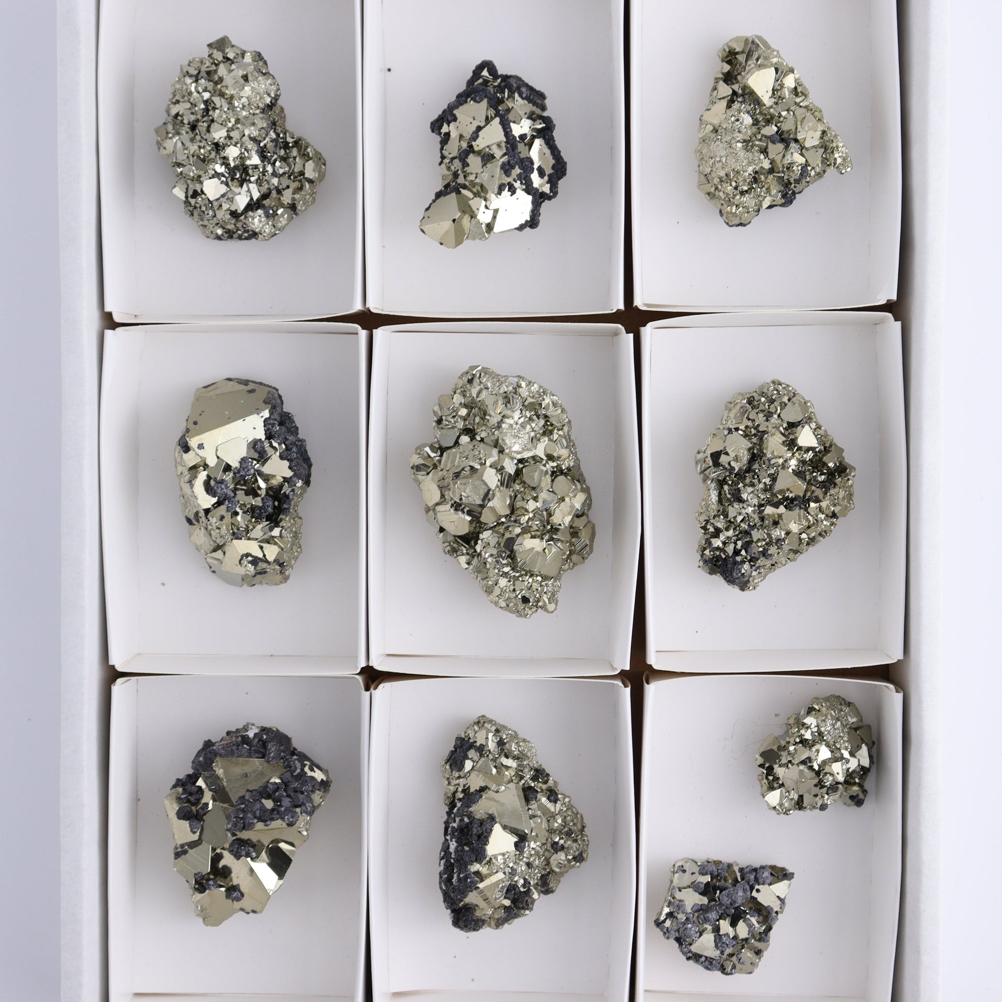 Octahedral Pyrite Clusters Set of 10 - Expert Wholesale and Supplier of Wholesale Crystals & Bulk Gemstones, ["Clusters","Octahedral Pyrite","Peru","Pyrite"]