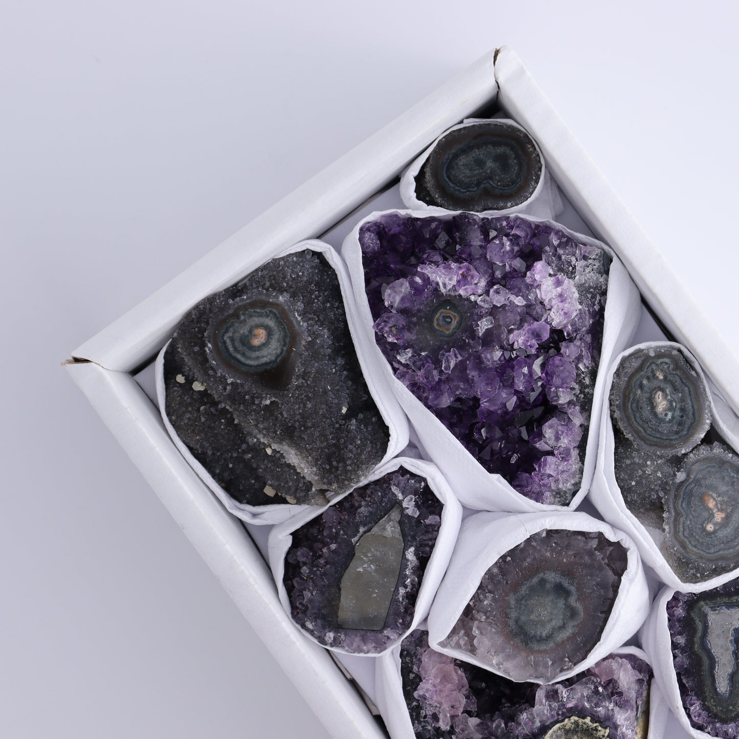 Uruguay Amethyst Clusters with "Eyes" Flat of 10 - Expert Wholesale and Supplier of Wholesale Crystals & Bulk Gemstones, ["Amethyst","Clusters","Eyes Amethyst","Uruguay"]