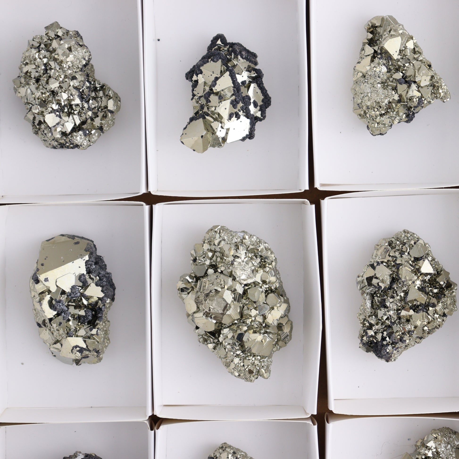 Octahedral Pyrite Clusters Set of 10 - Expert Wholesale and Supplier of Wholesale Crystals & Bulk Gemstones, ["Clusters","Octahedral Pyrite","Peru","Pyrite"]