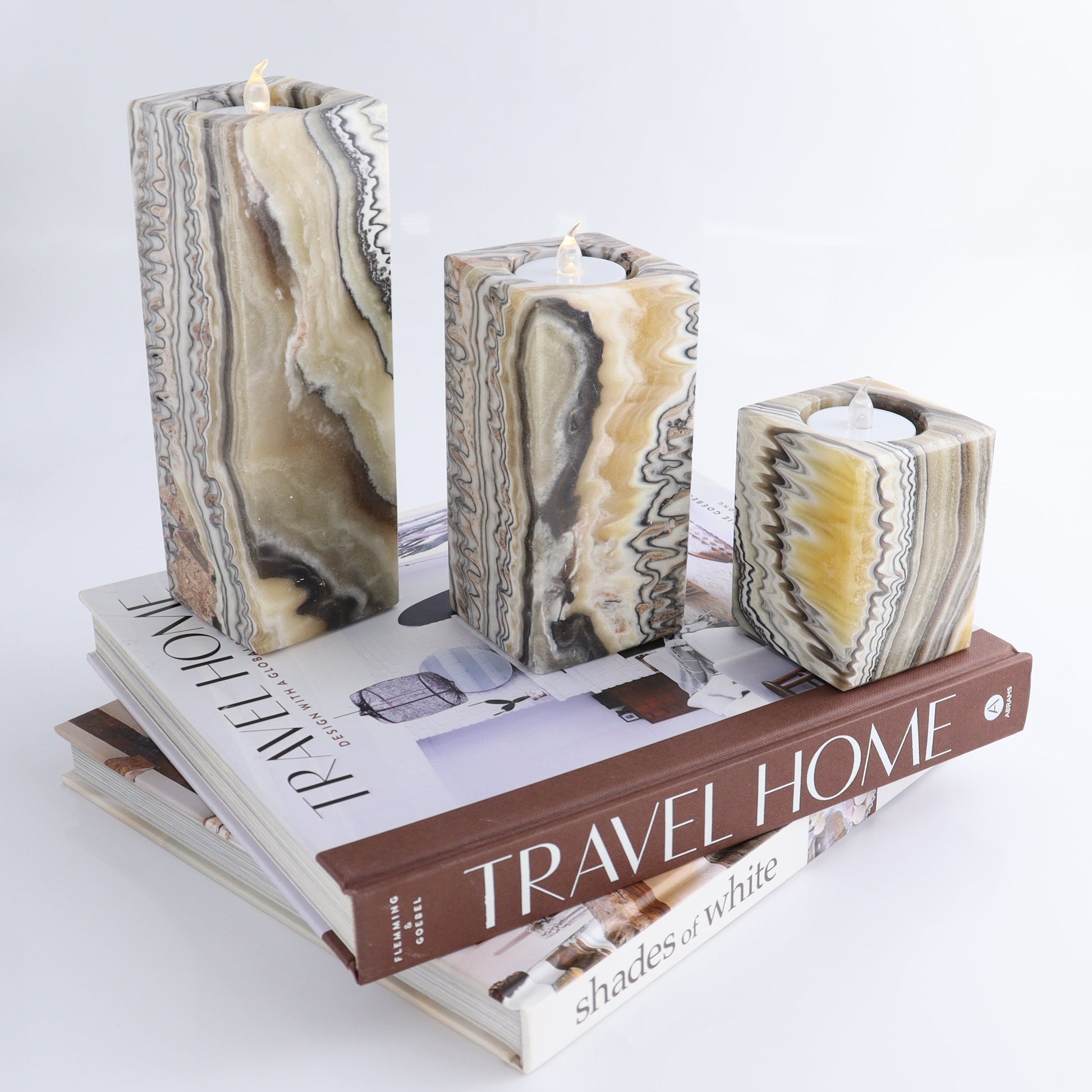 One Candle Holder Mexican Onyx/Calcite Zebra Yellow & Black Set of 3 - Expert Wholesale and Supplier of Wholesale Crystals & Bulk Gemstones, ["Calcite","Candle Holder","Catalog Onyx","Mexico","onyx"]
