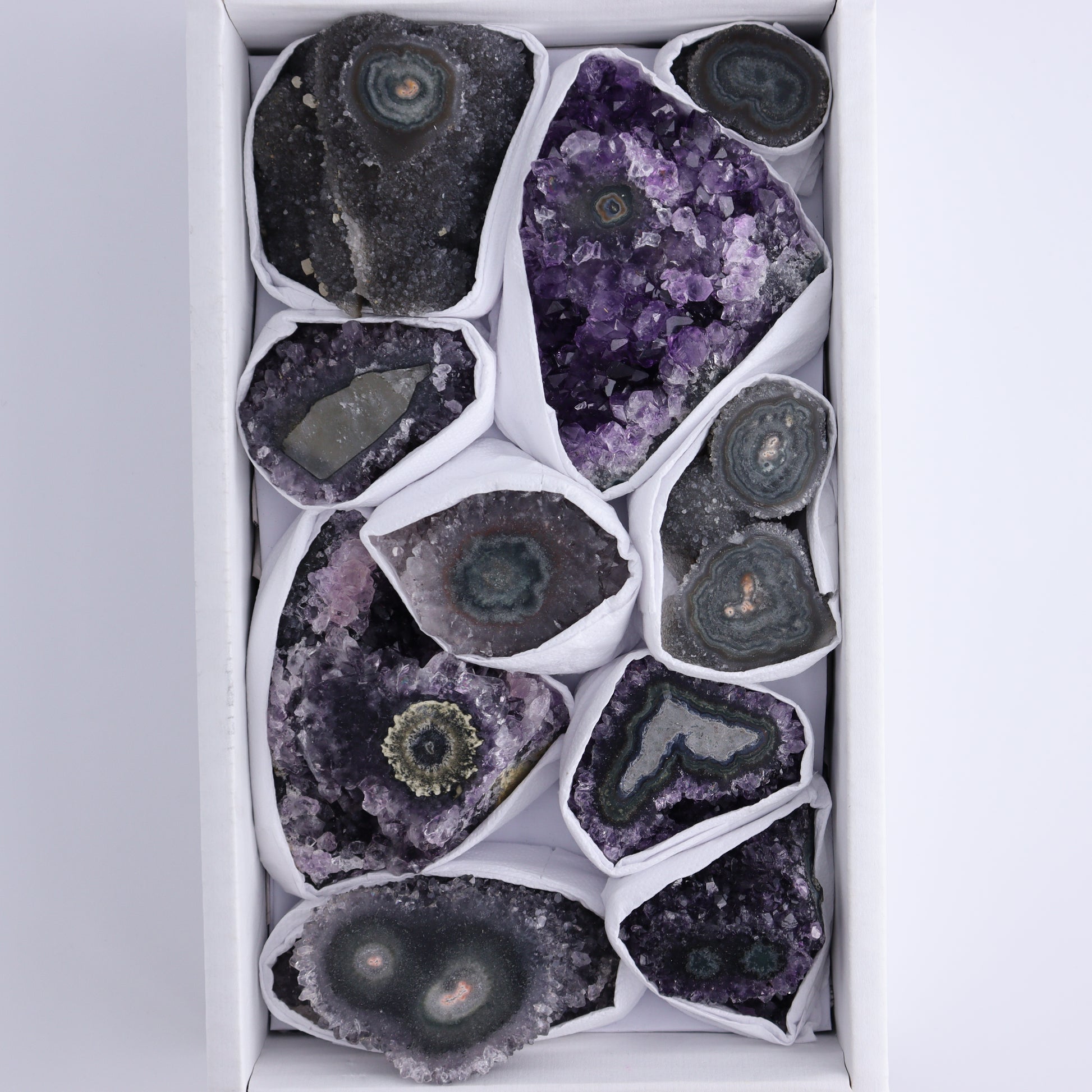 Uruguay Amethyst Clusters with "Eyes" Flat of 10 - Expert Wholesale and Supplier of Wholesale Crystals & Bulk Gemstones, ["Amethyst","Clusters","Eyes Amethyst","Uruguay"]