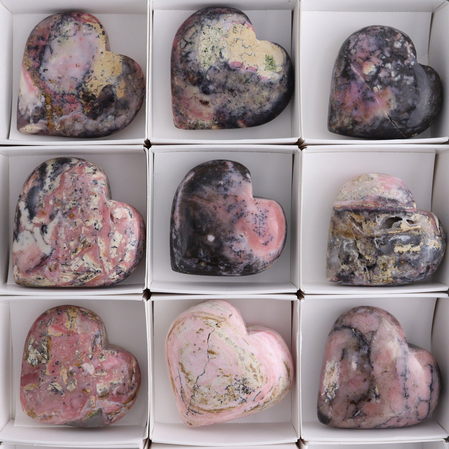 Rhodonite Hearts Set of 12 - Expert Wholesale and Supplier of Wholesale Crystals & Bulk Gemstones, ["Hearts","Peru","Rhodonite"]