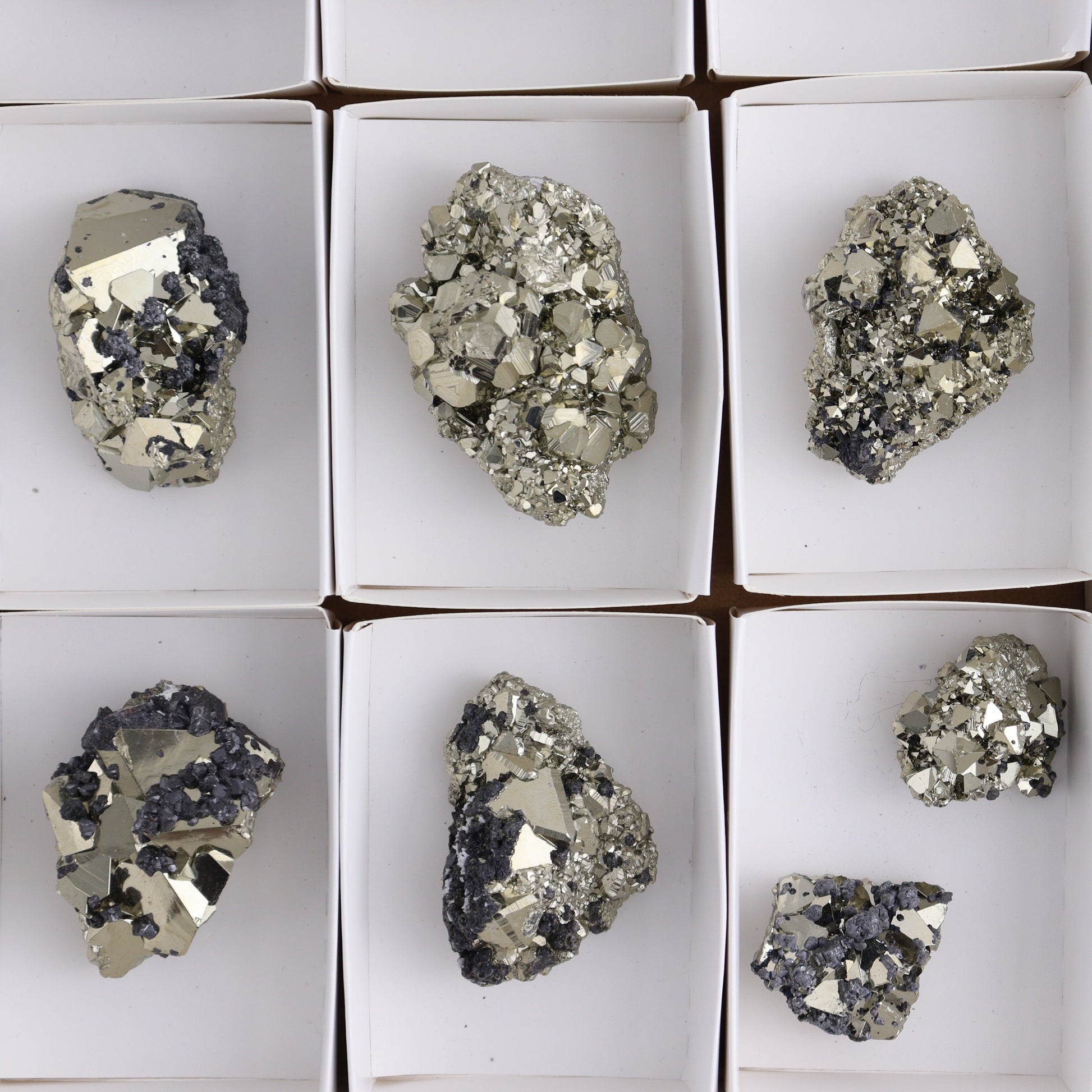 Octahedral Pyrite Clusters Set of 10 - Expert Wholesale and Supplier of Wholesale Crystals & Bulk Gemstones, ["Clusters","Octahedral Pyrite","Peru","Pyrite"]