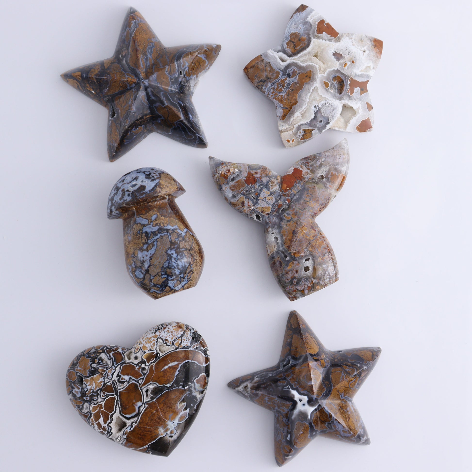 Brecciated Jasper Mixed Carvings Set of 6 - Expert Wholesale and Supplier of Wholesale Crystals & Bulk Gemstones, ["Brecciated Jasper","Hearts","Indonesia","Mermaid Tail","Mushrooms","stars"]