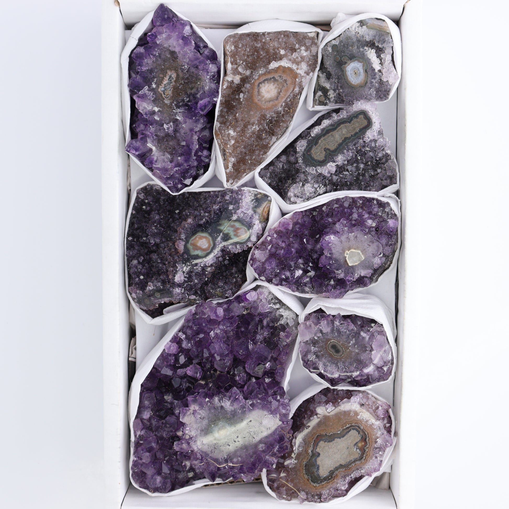 Uruguay Amethyst Clusters with "Eyes" Flat of 9 - Expert Wholesale and Supplier of Wholesale Crystals & Bulk Gemstones, ["Amethyst","Amethyst Eyes","Clusters","Uruguay"]