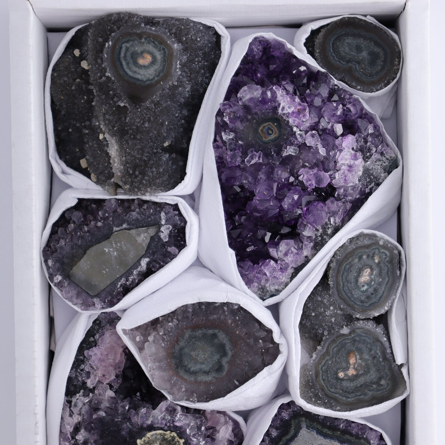Uruguay Amethyst Clusters with "Eyes" Flat of 10 - Expert Wholesale and Supplier of Wholesale Crystals & Bulk Gemstones, ["Amethyst","Clusters","Eyes Amethyst","Uruguay"]