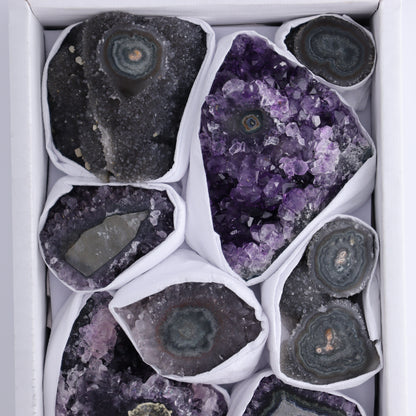 Uruguay Amethyst Clusters with "Eyes" Flat of 10 - Expert Wholesale and Supplier of Wholesale Crystals & Bulk Gemstones, ["Amethyst","Clusters","Eyes Amethyst","Uruguay"]