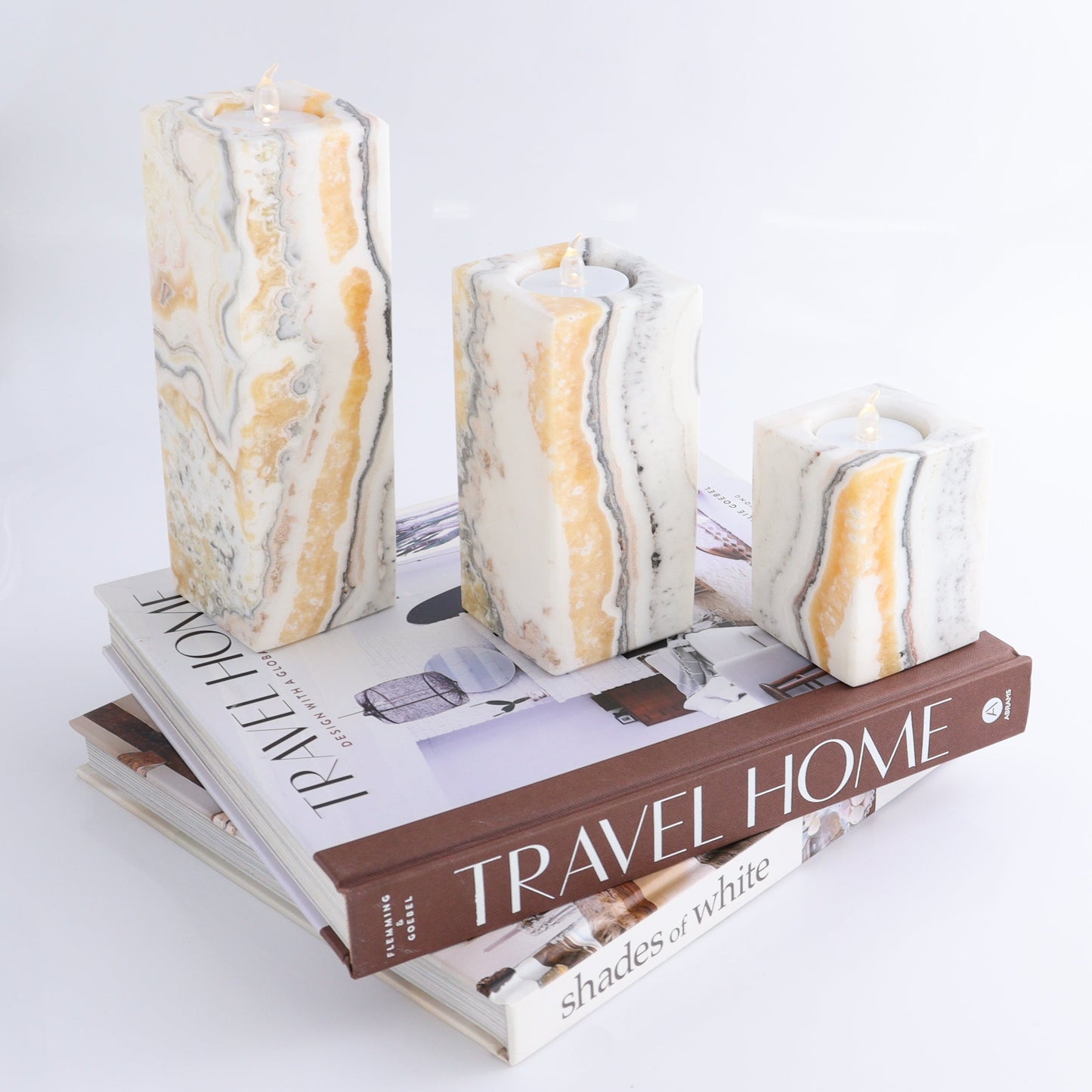One Candle Holder Mexican Onyx/Calcite Zebra Yellow & White Set of 3 - Expert Wholesale and Supplier of Wholesale Crystals & Bulk Gemstones, ["Calcite","Candle Holder","Catalog Onyx","Mexico","onyx"]