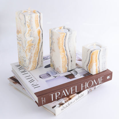 One Candle Holder Mexican Onyx/Calcite Zebra Yellow & White Set of 3 - Expert Wholesale and Supplier of Wholesale Crystals & Bulk Gemstones, ["Calcite","Candle Holder","Catalog Onyx","Mexico","onyx"]